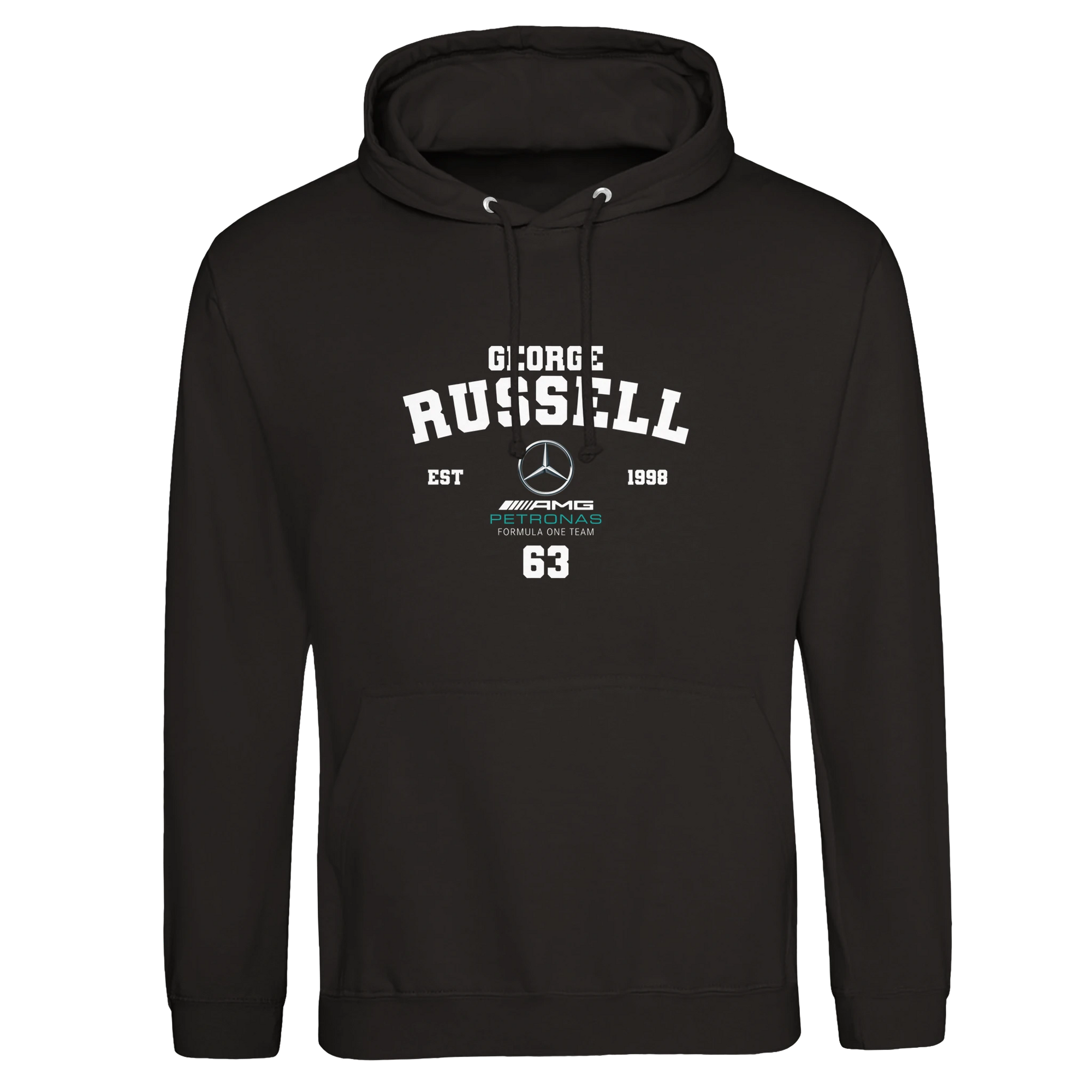 f111 merch deep-black color hoodie with russell branding.