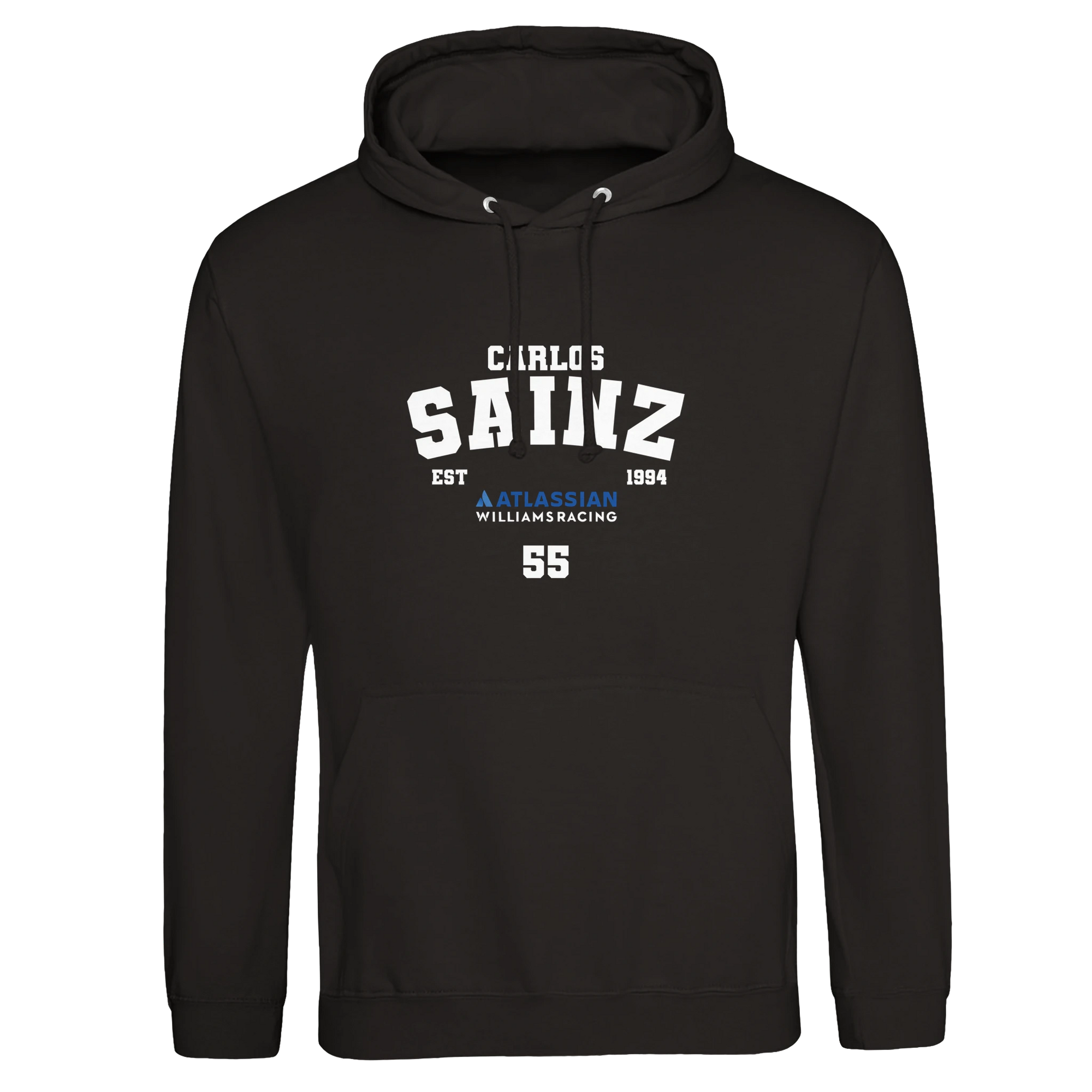 f111 merch deep-black color hoodie with sainz branding.