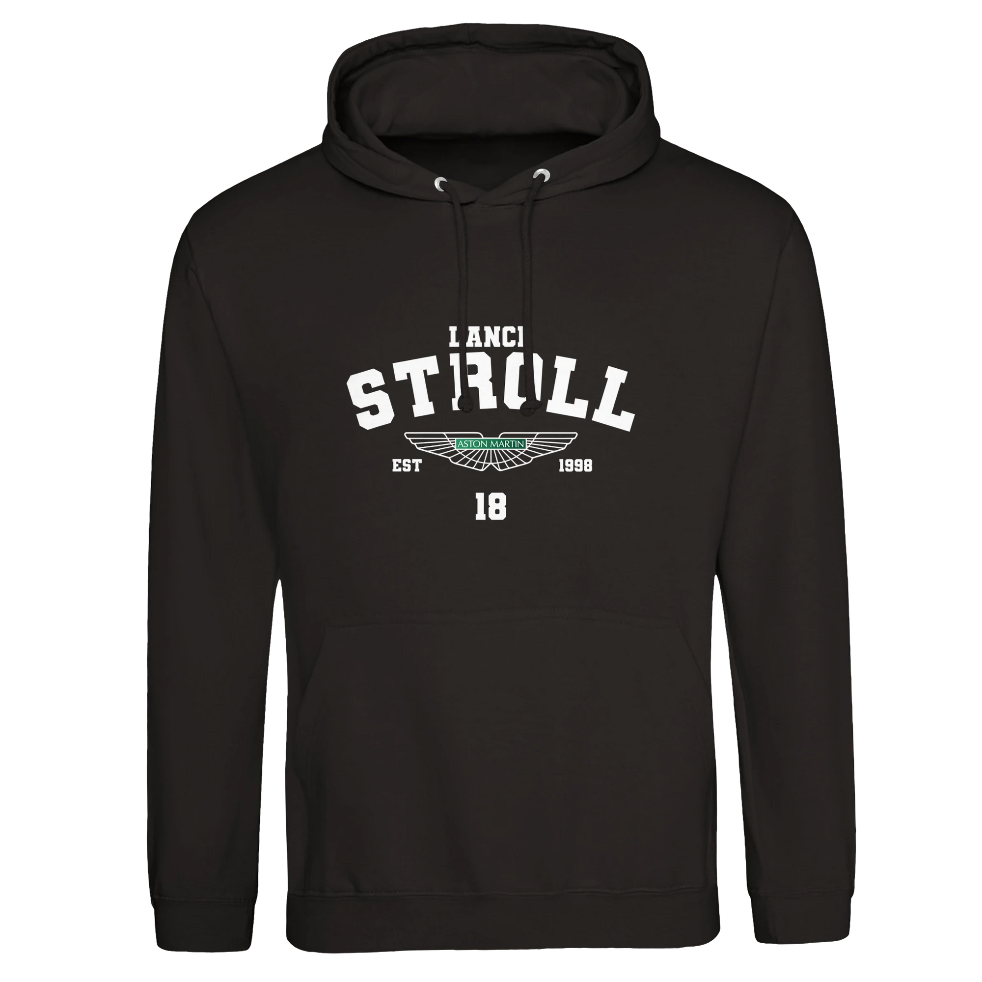 f111 merch deep-black color hoodie with stroll branding.