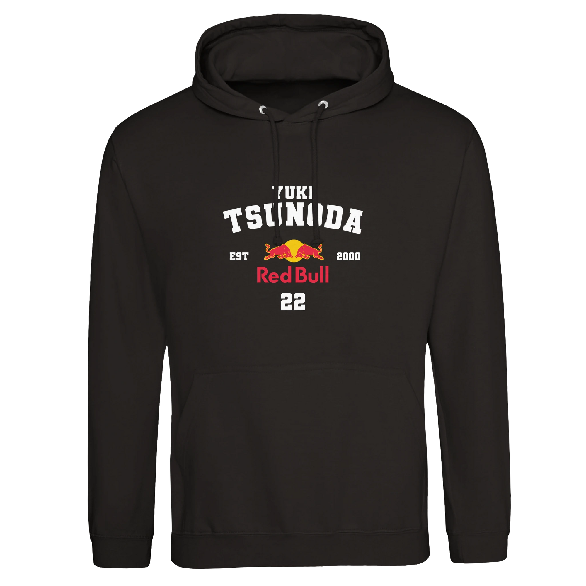 f111 merch deep-black color hoodie with tsunoda branding.