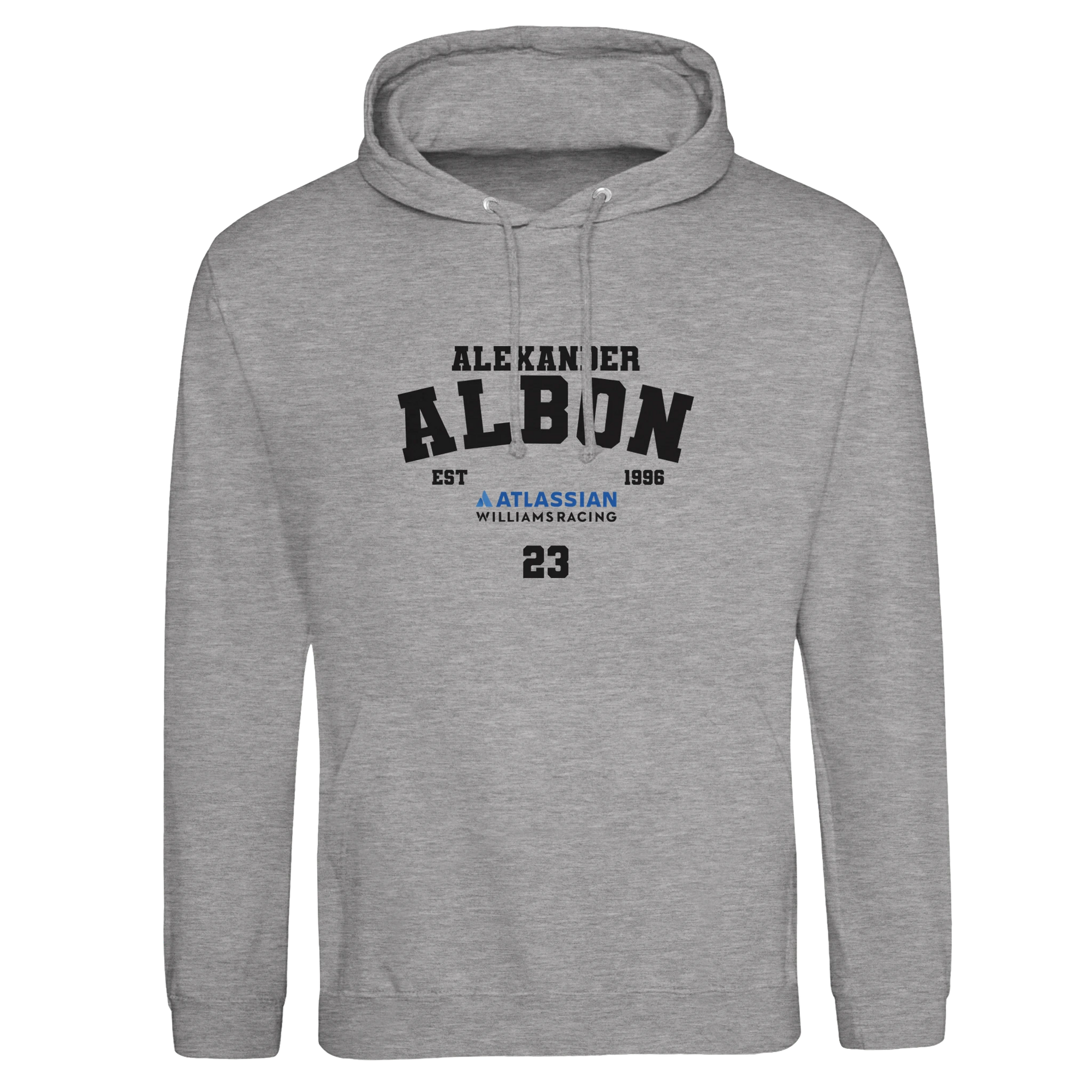 f111 merch heather-grey color hoodie with albon branding.