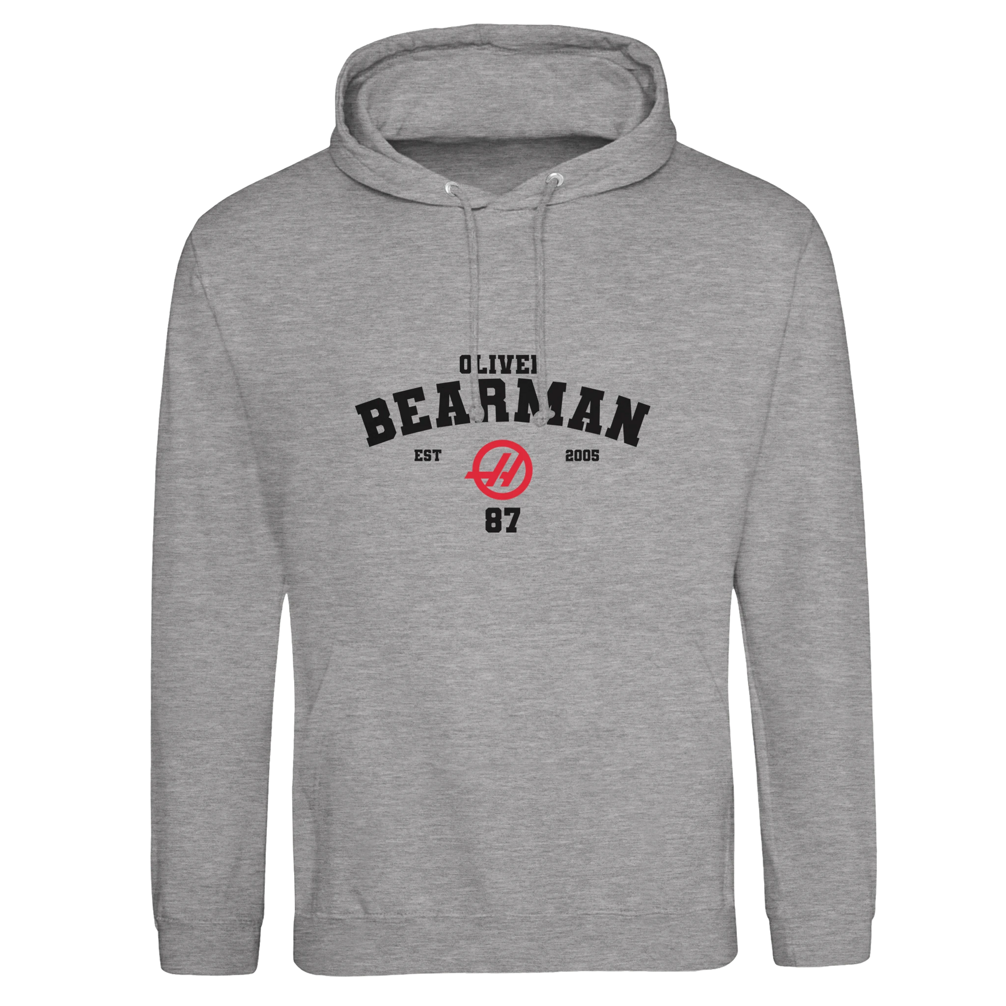 f111 merch heather-grey color hoodie with bearman branding.