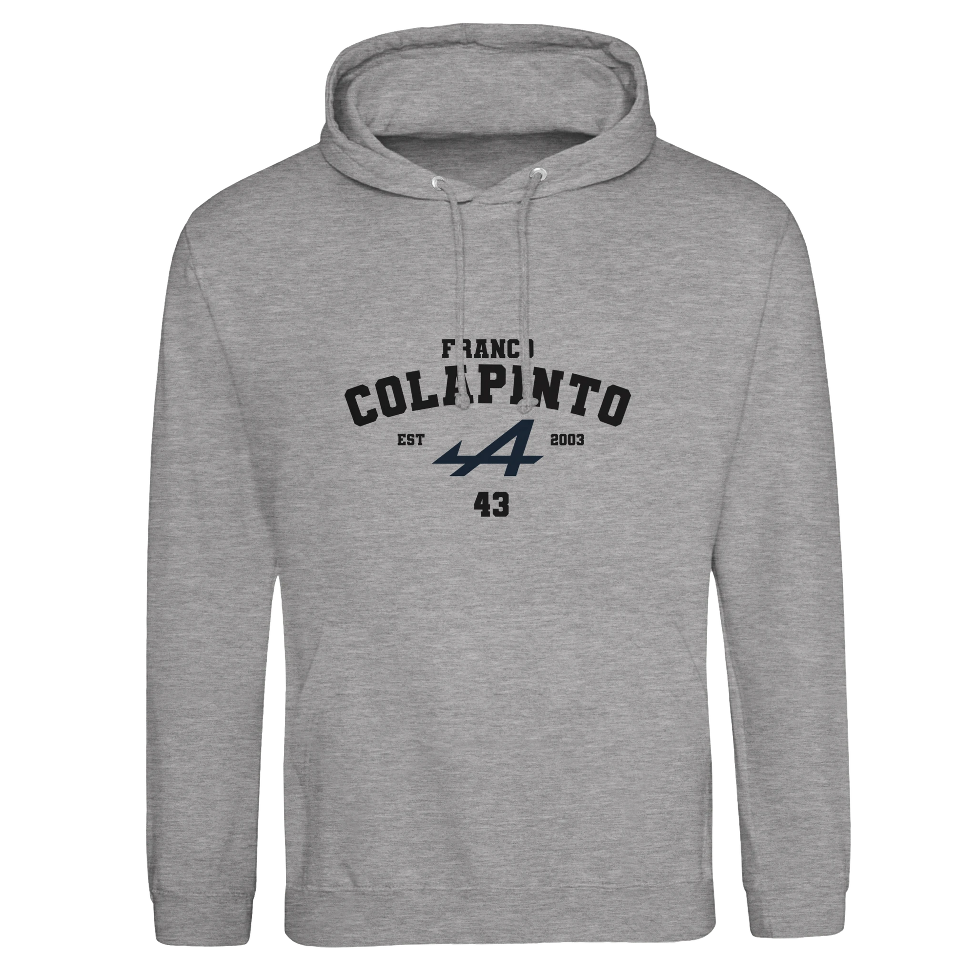 f111 merch heather-grey color hoodie with colapinto branding.