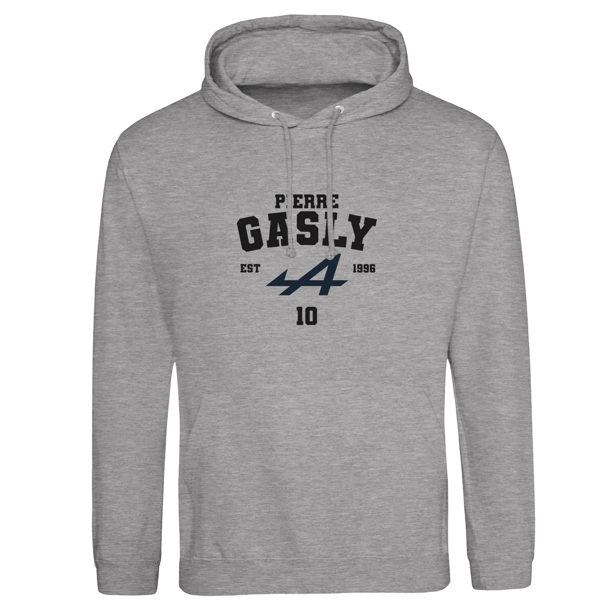 f111 merch heather-grey color hoodie with gasly branding.