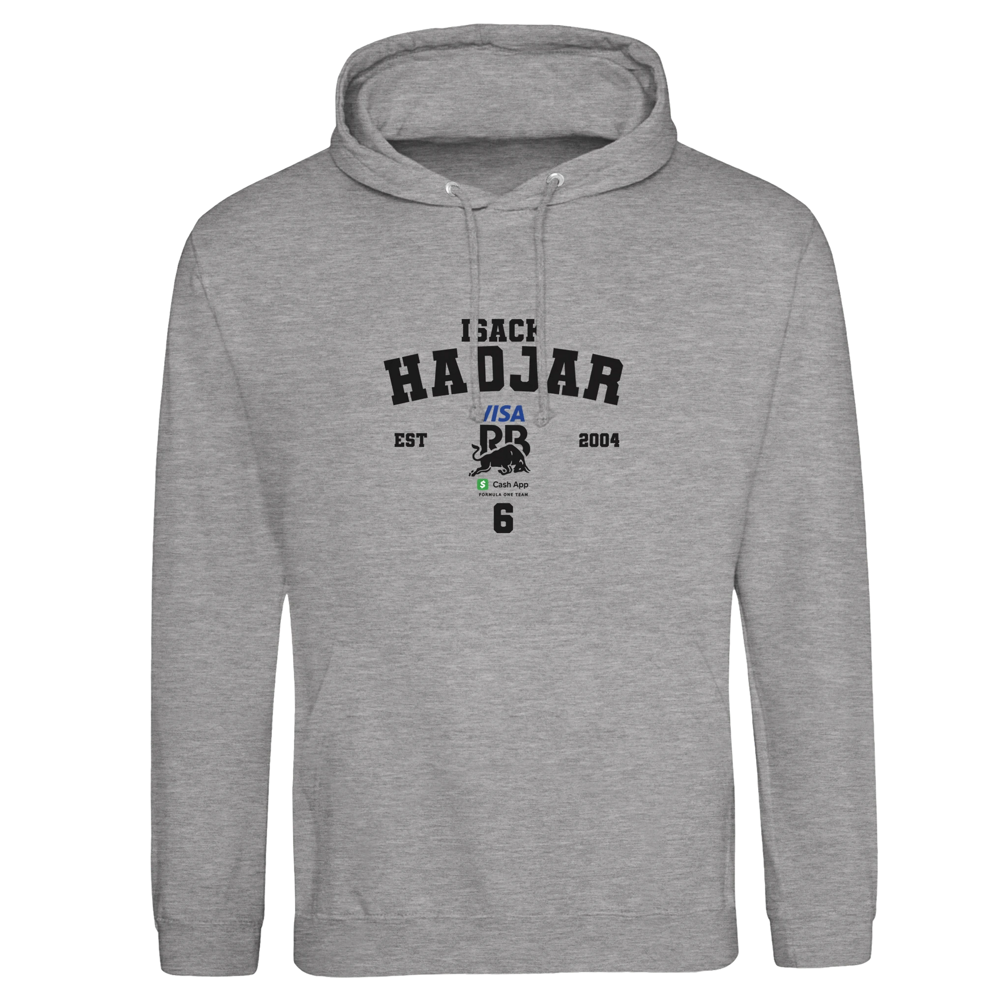f111 merch heather-grey color hoodie with hadjar branding.