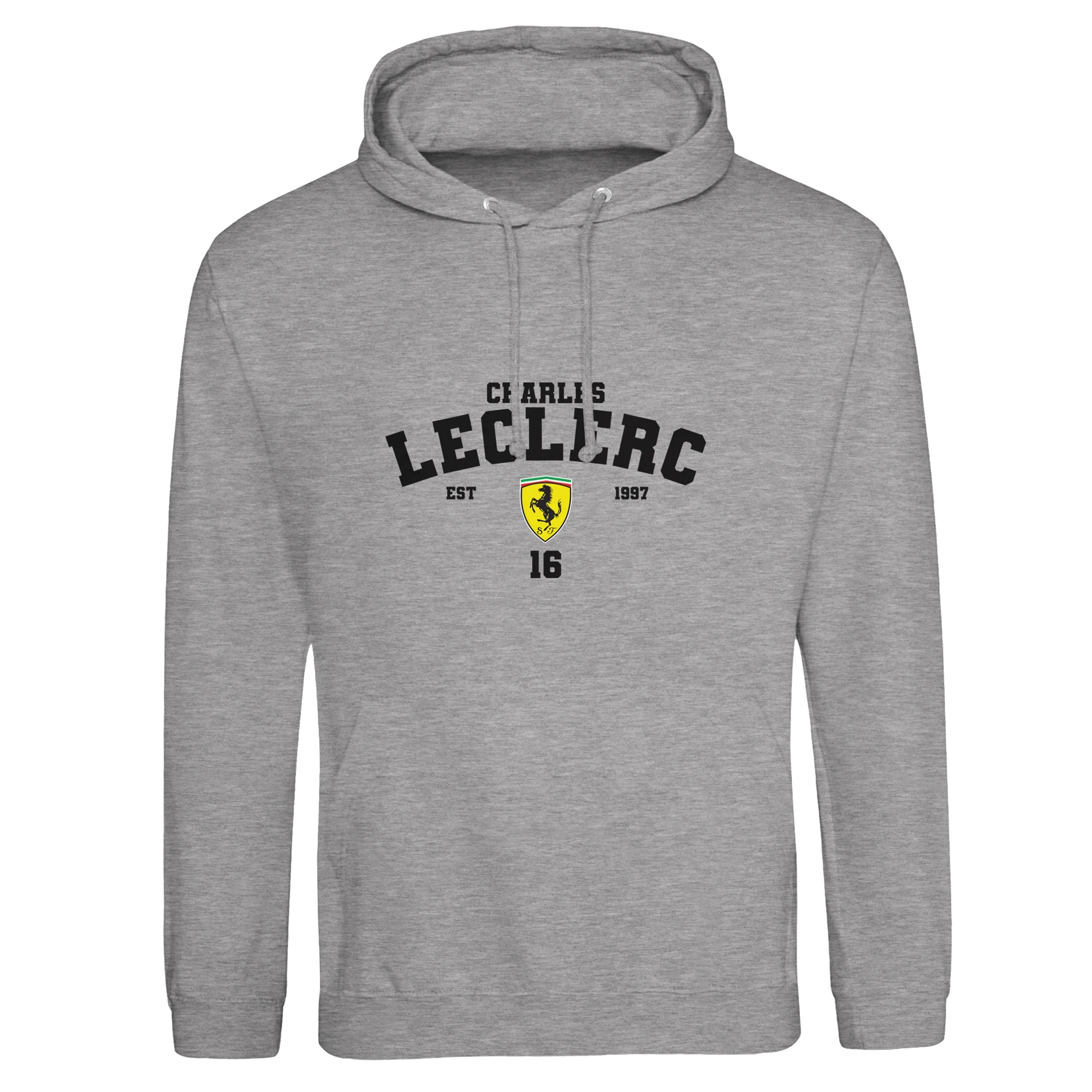 f111 merch heather-grey color hoodie with leclerc branding.