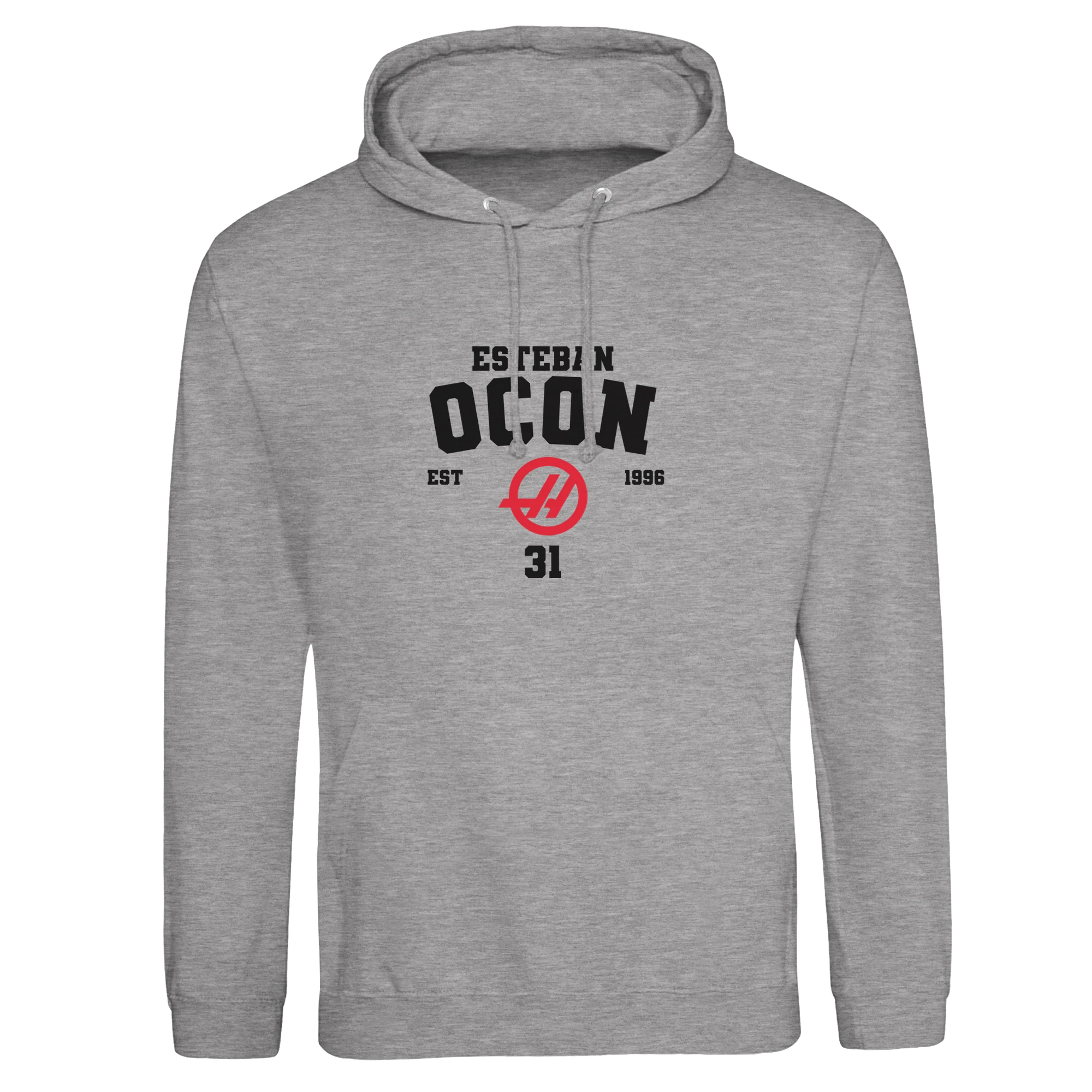 f111 merch heather-grey color hoodie with ocon branding.