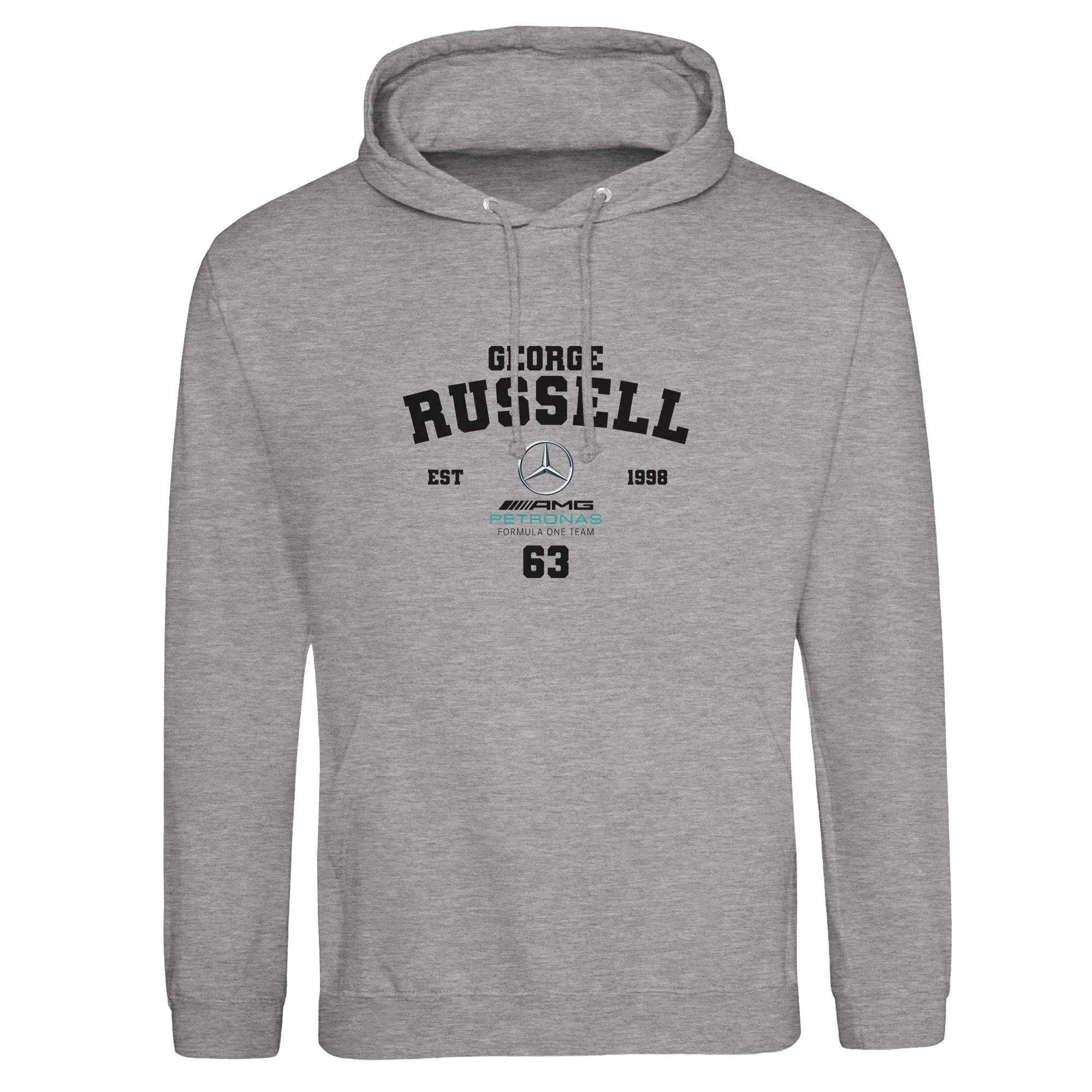 f111 merch heather-grey color hoodie with russell branding.