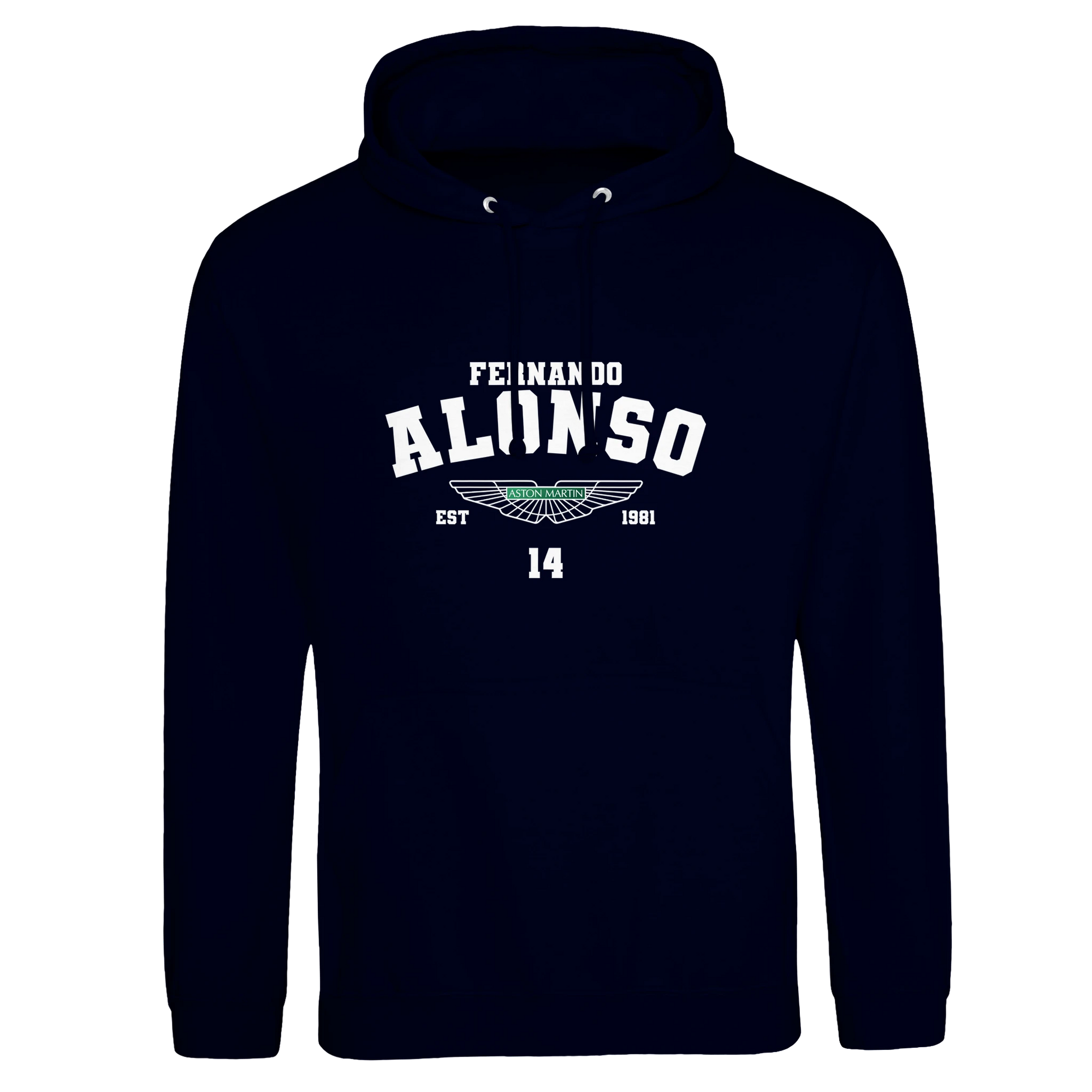 f111 merch oxford-navy color hoodie with alonso branding.