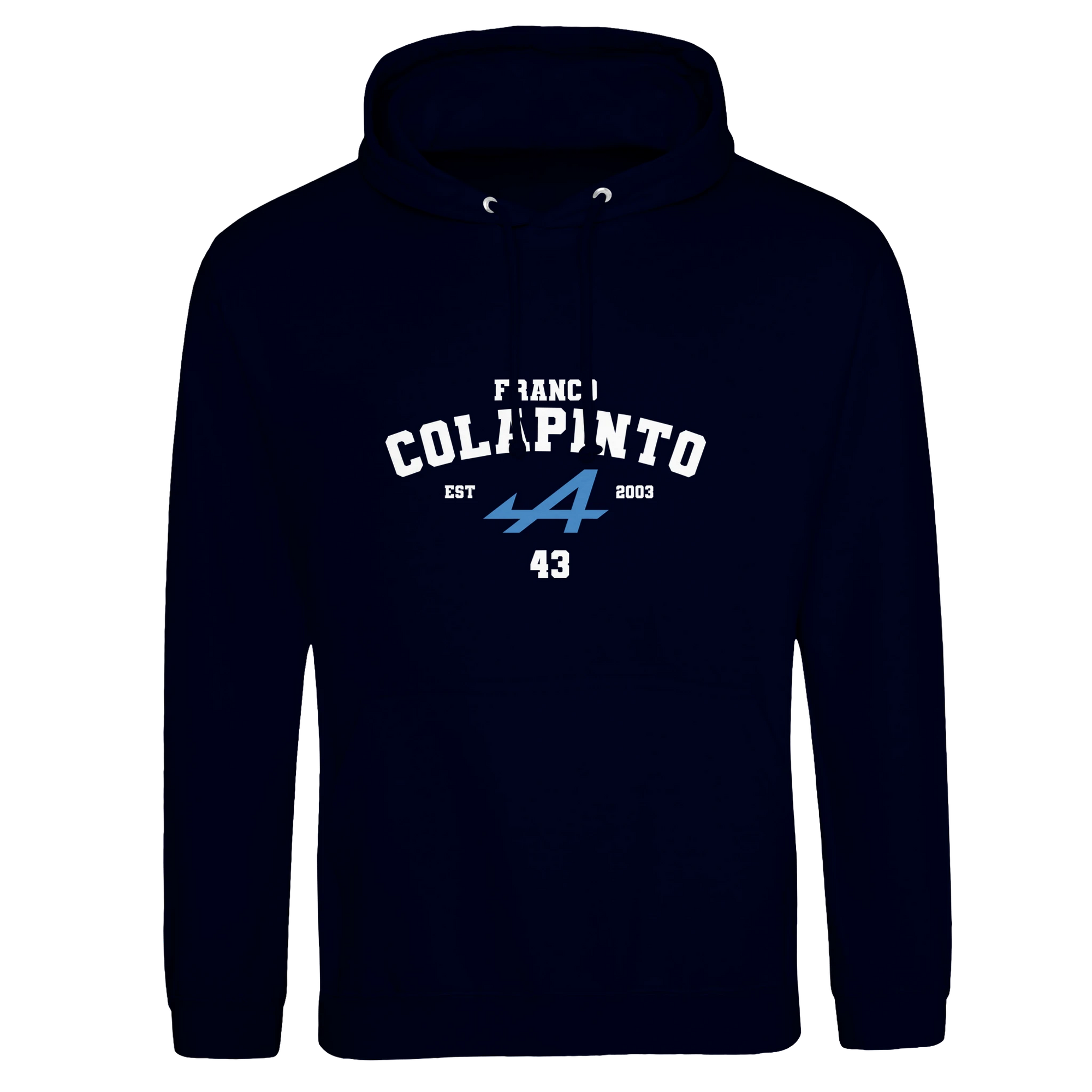 f111 merch oxford-navy color hoodie with colapinto branding.