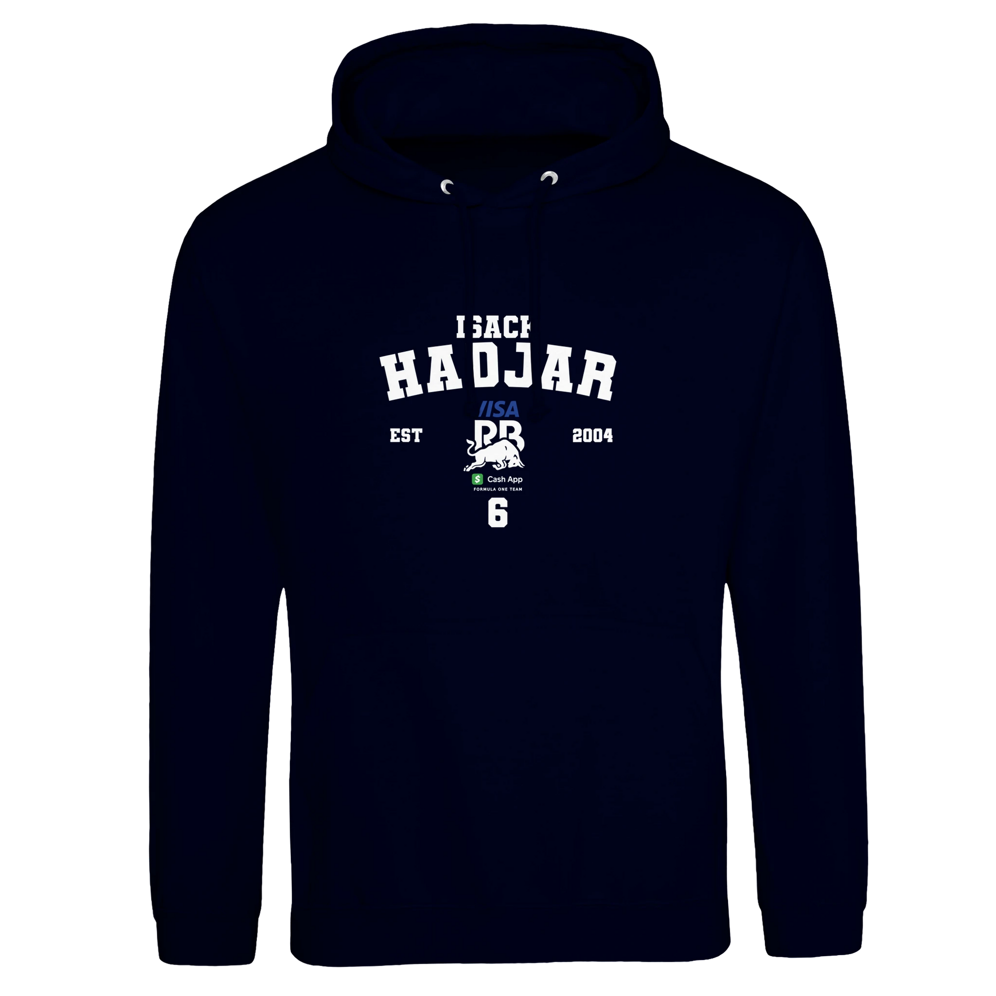 f111 merch oxford-navy color hoodie with hadjar branding.
