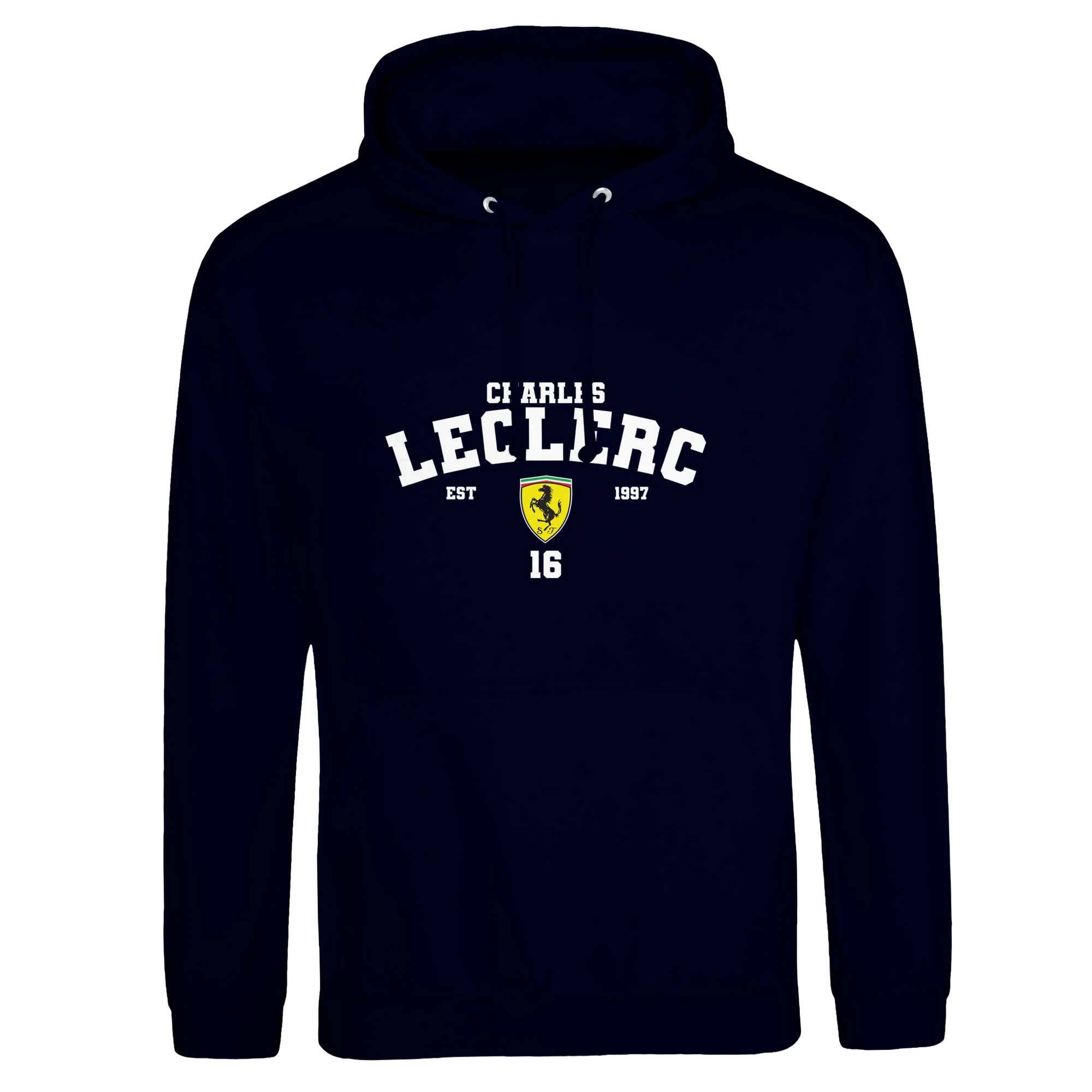 f111 merch oxford-navy color hoodie with leclerc branding.
