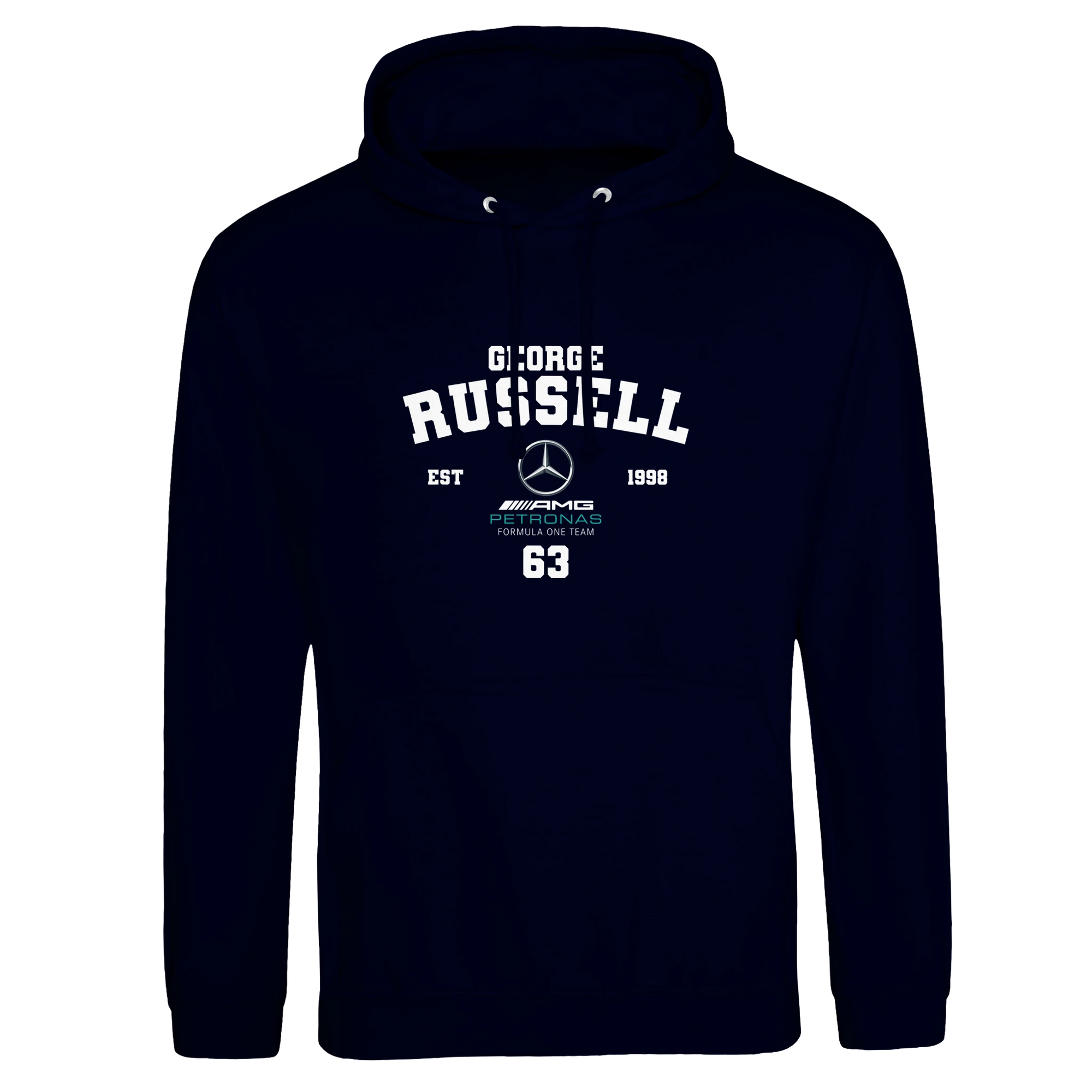 f111 merch oxford-navy color hoodie with russell branding.