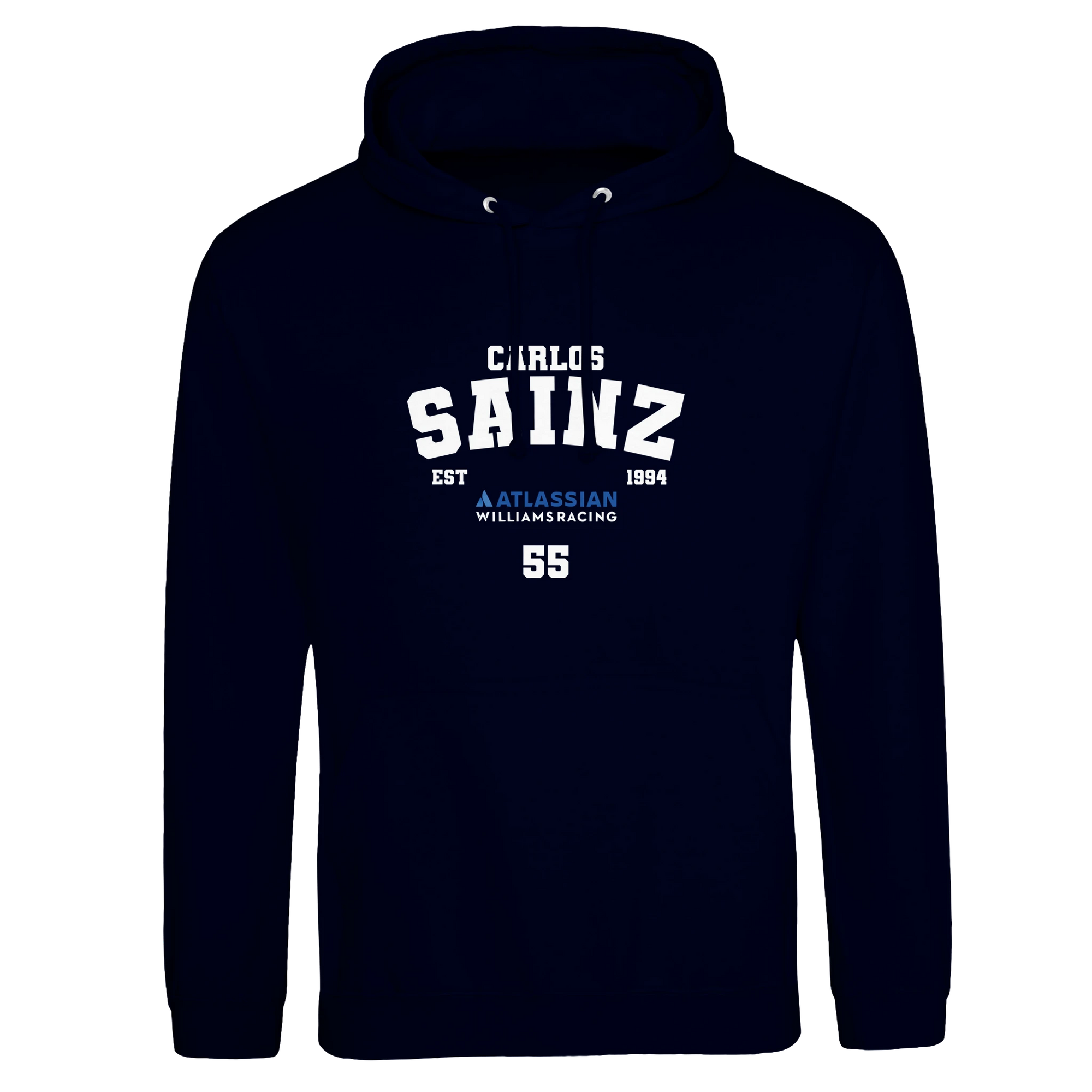 f111 merch oxford-navy color hoodie with sainz branding.