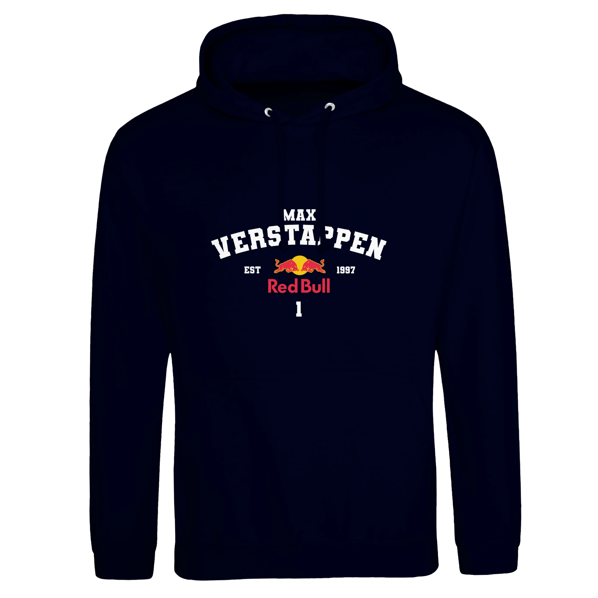 f111 merch oxford-navy color hoodie with verstappen branding.