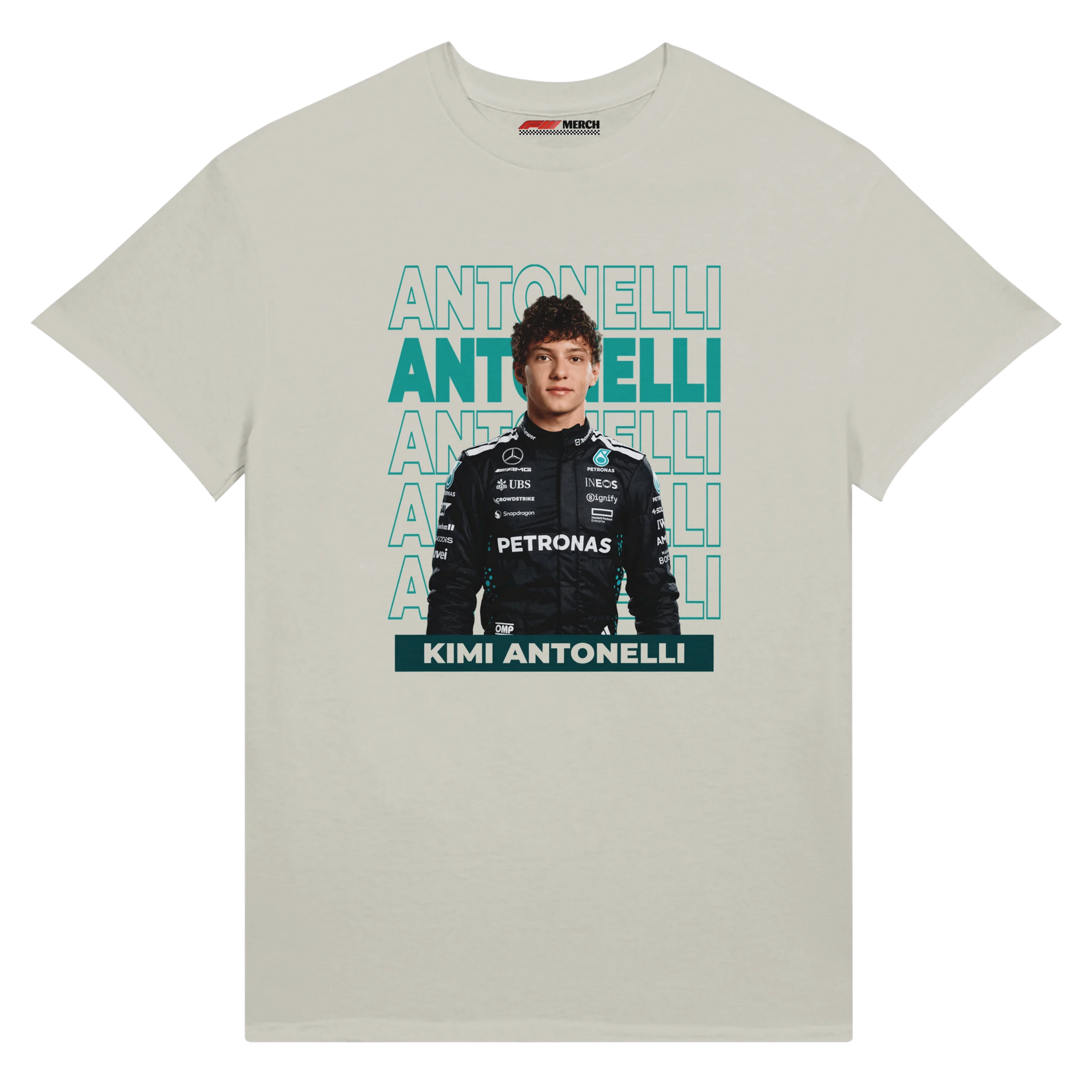 f111 merch ash color t-shirt with antonelli branding.