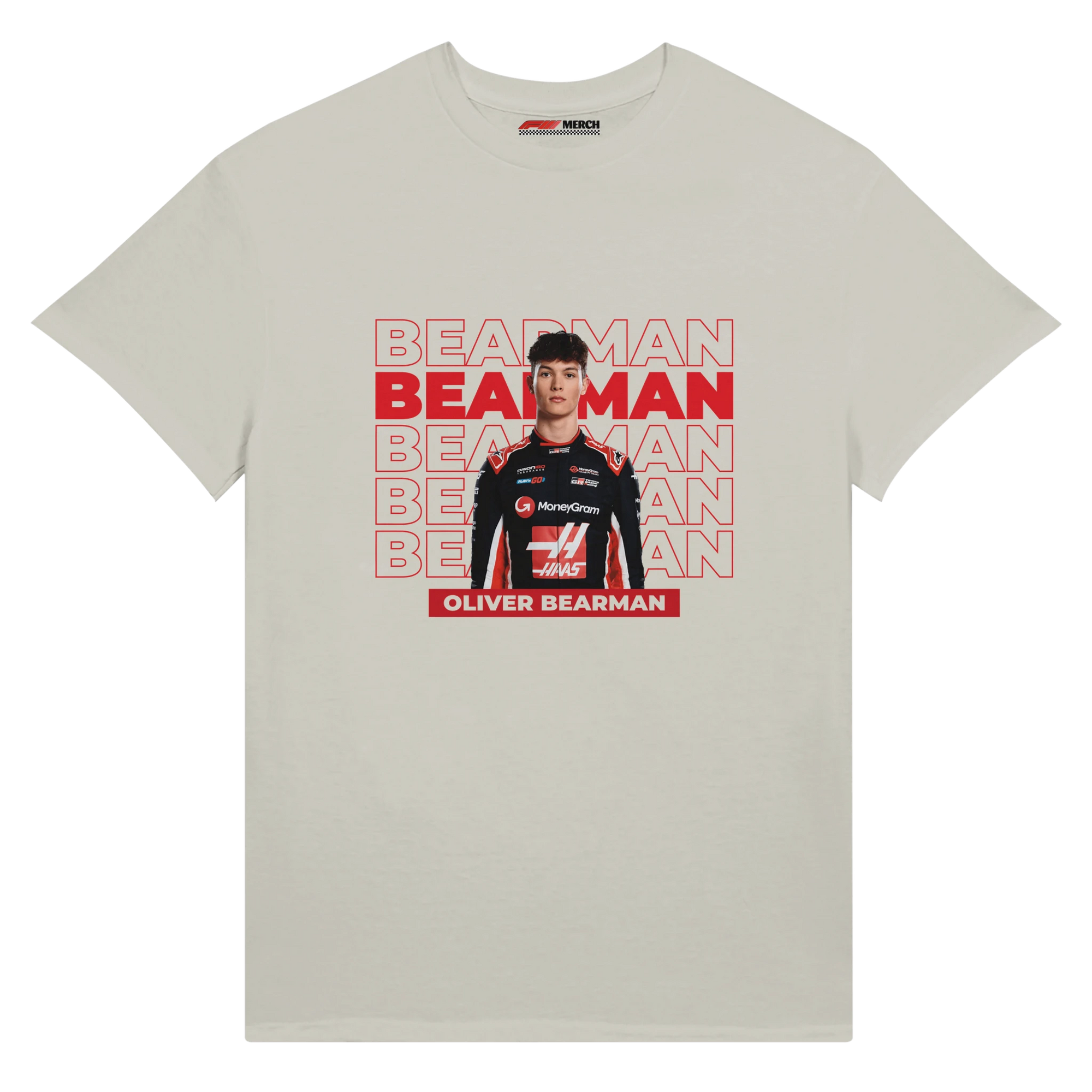 f111 merch ash color t-shirt with bearman branding.