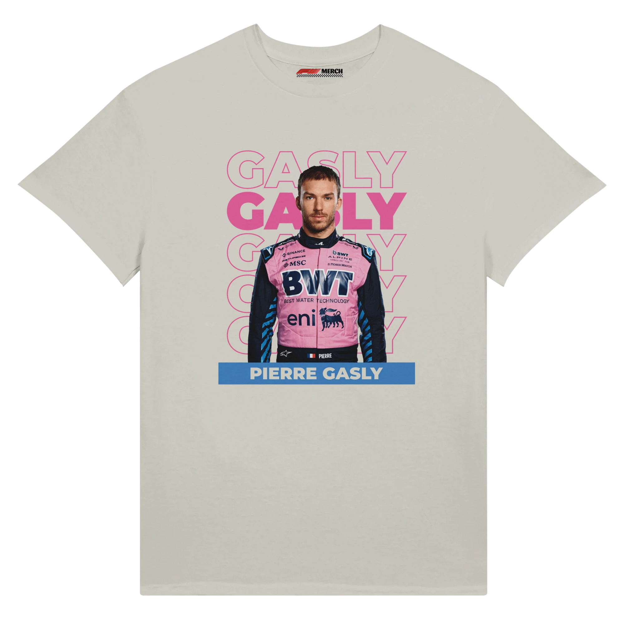 f111 merch ash color t-shirt with gasly branding.