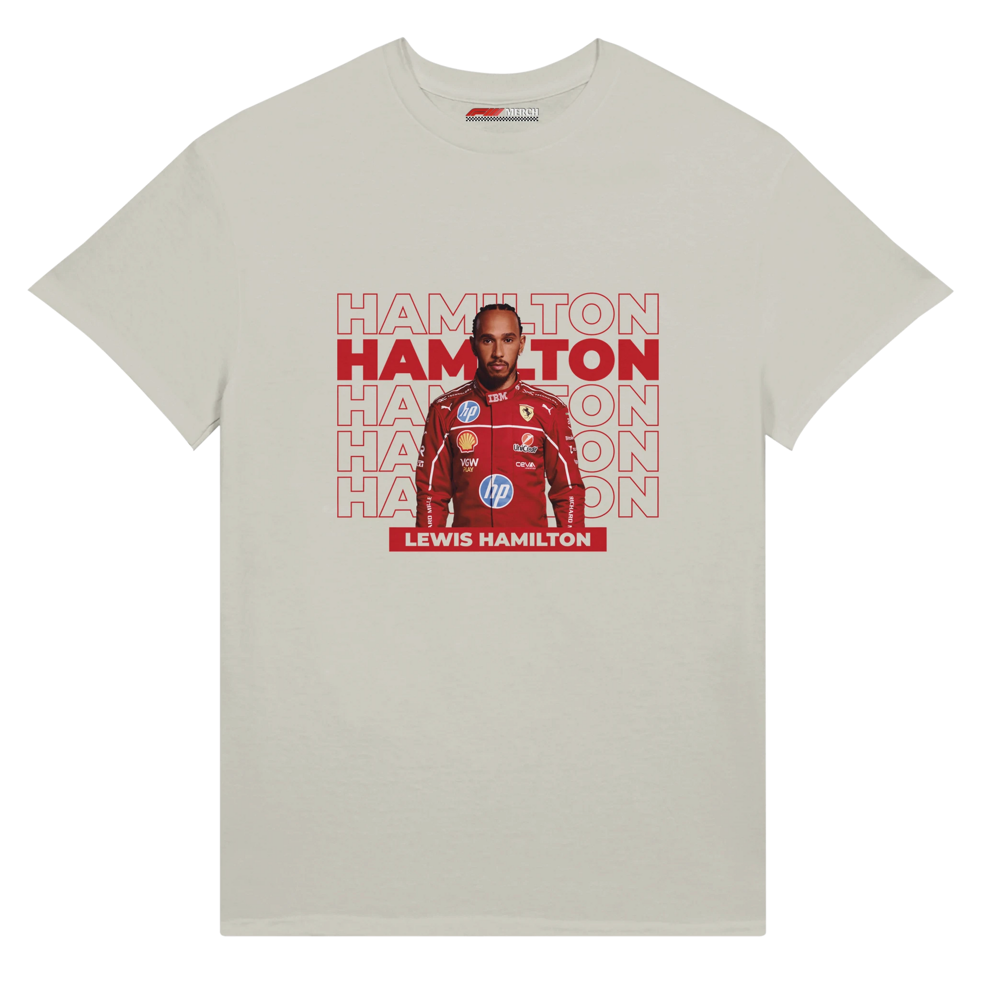 f111 merch ash color t-shirt with hamilton branding.