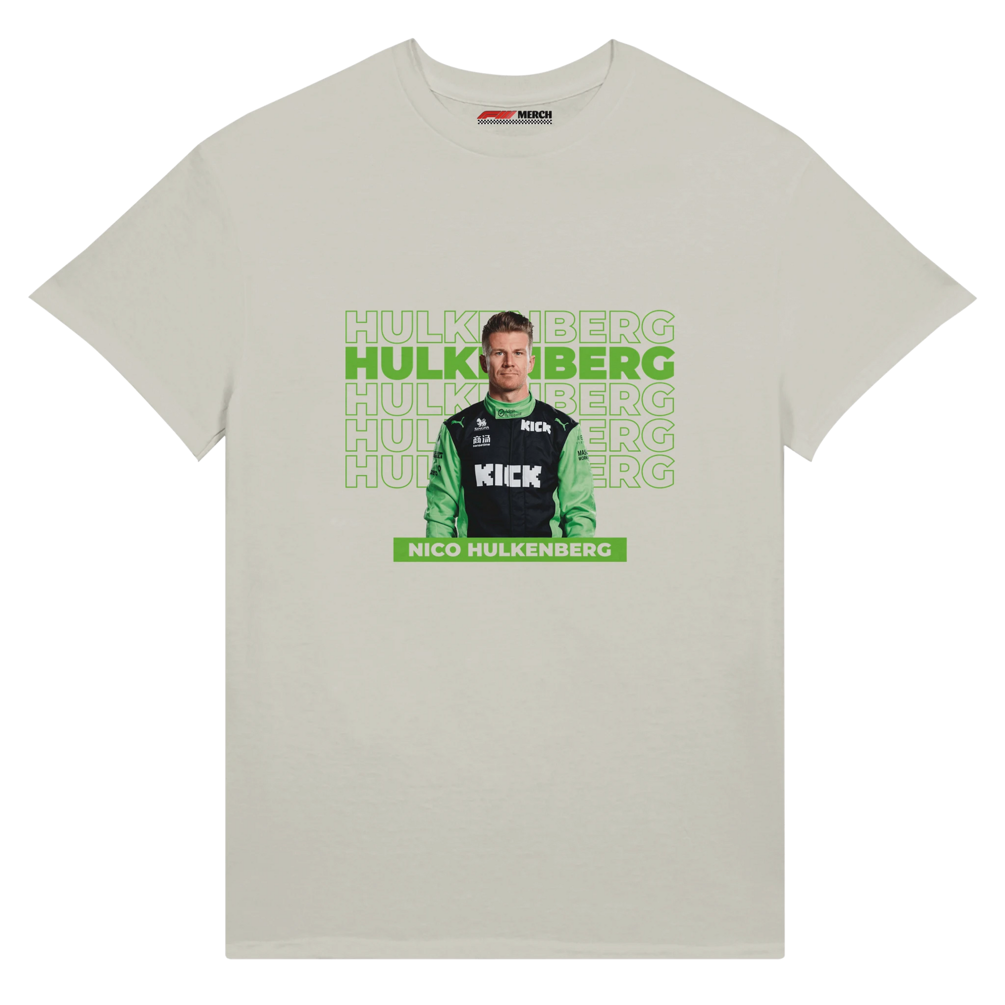 f111 merch ash color t-shirt with hulkenberg branding.