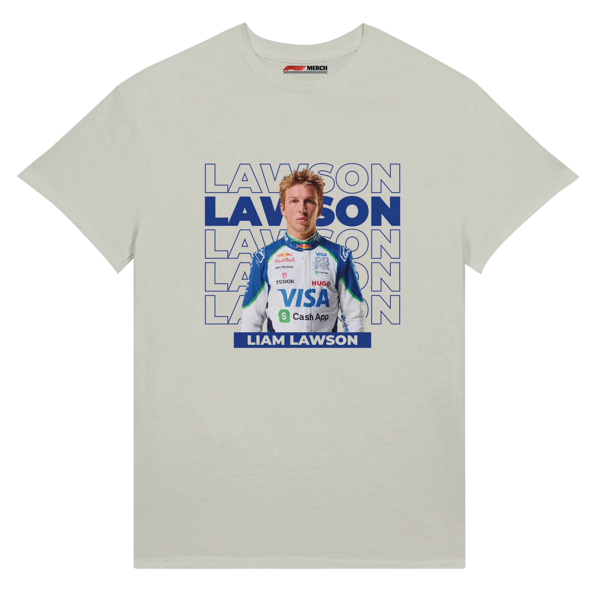 f111 merch ash color t-shirt with lawson branding.