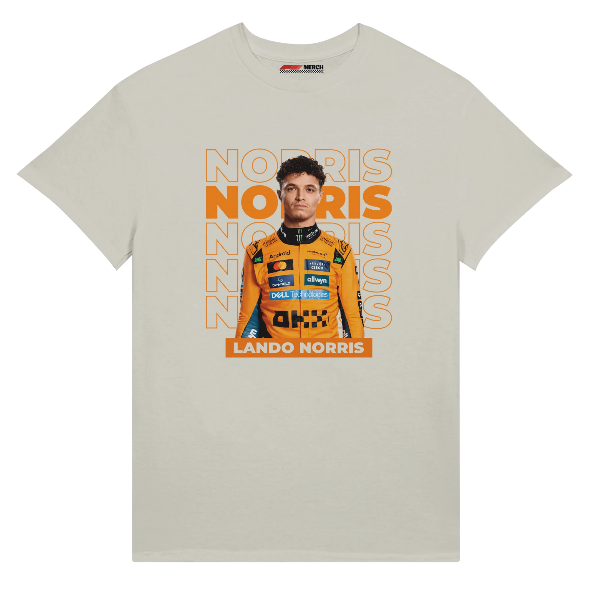 f111 merch ash color t-shirt with norris branding.