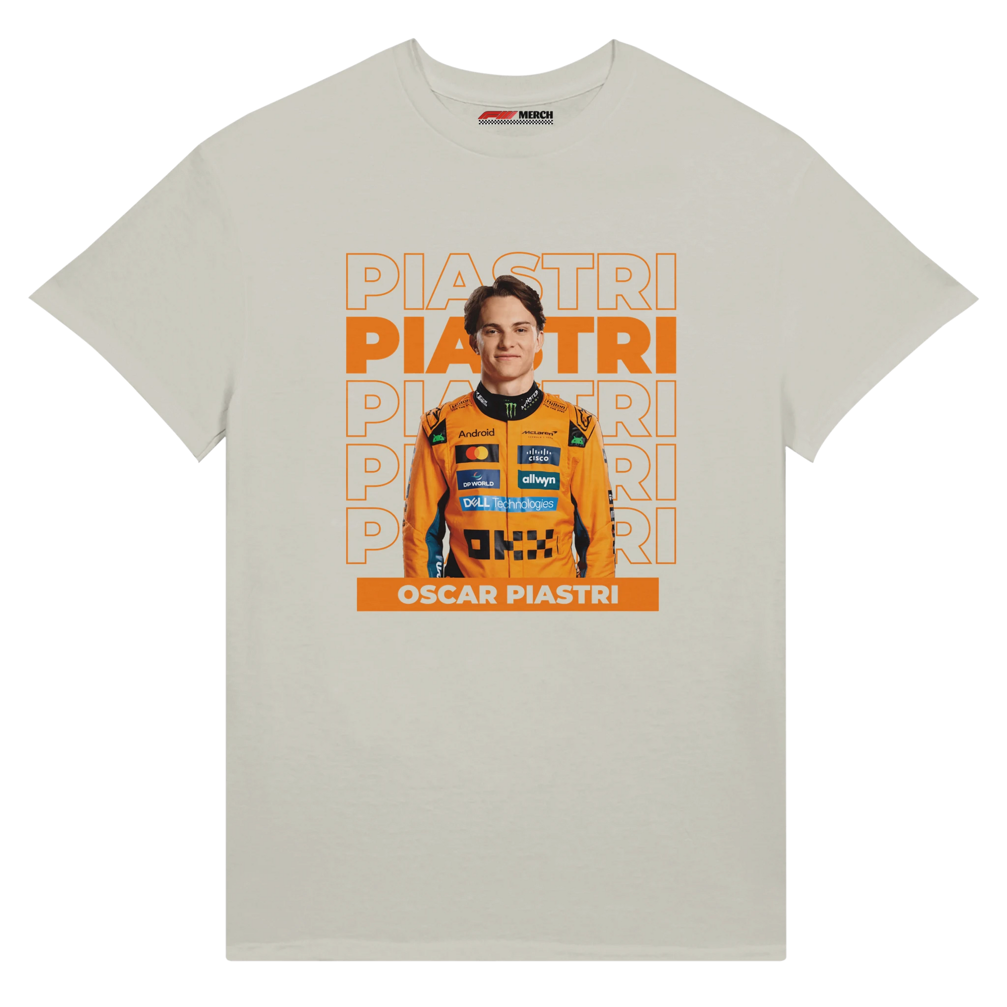 f111 merch ash color t-shirt with piastri branding.
