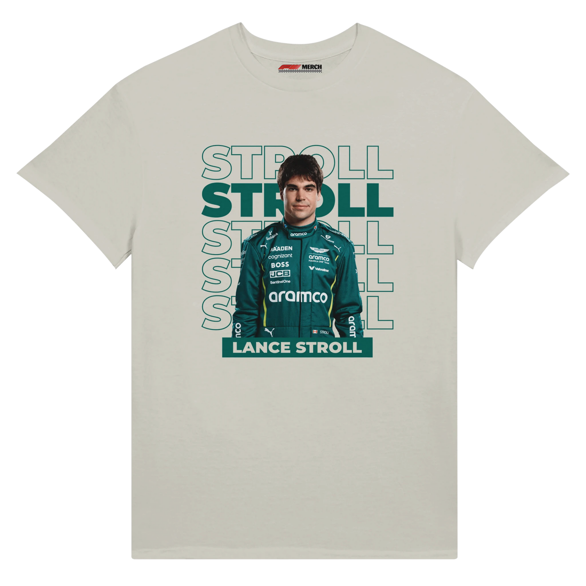 f111 merch ash color t-shirt with stroll branding.