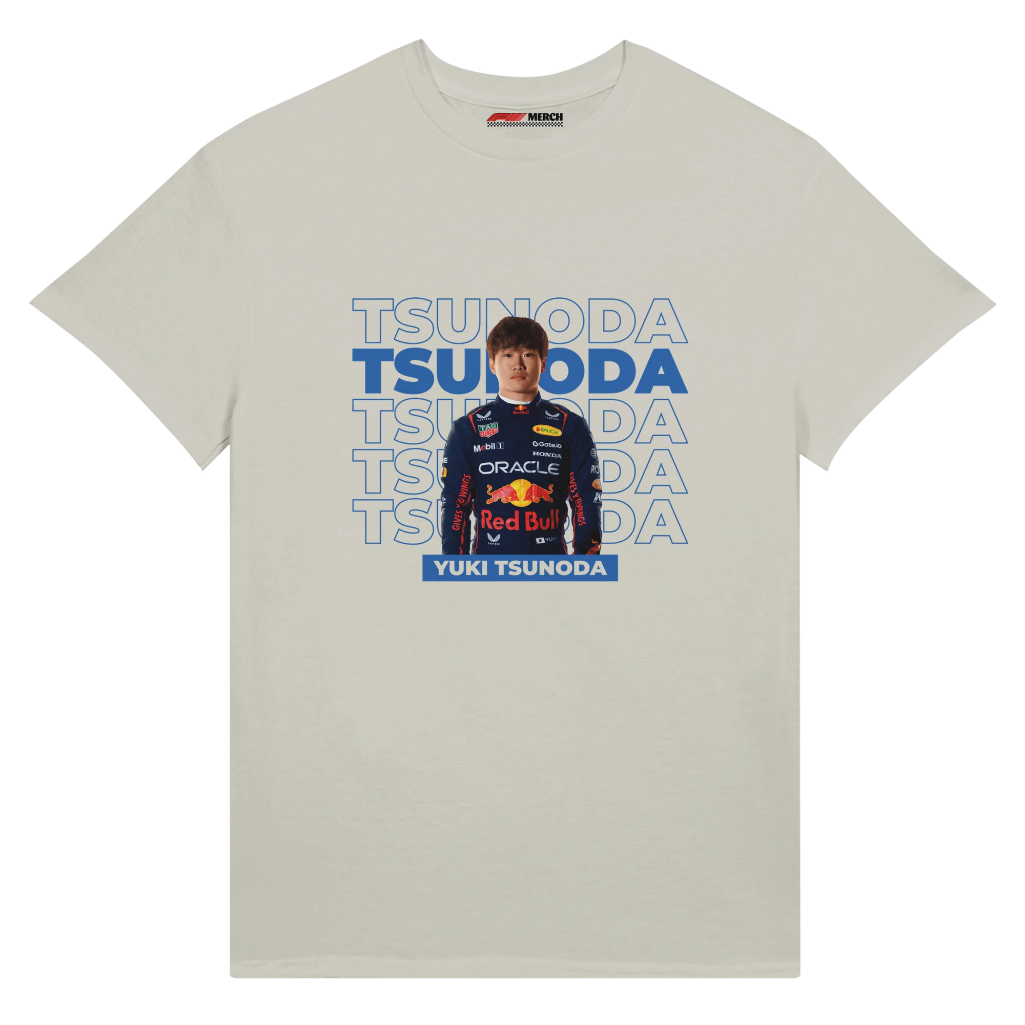 f111 merch ash color t-shirt with tsunoda branding.