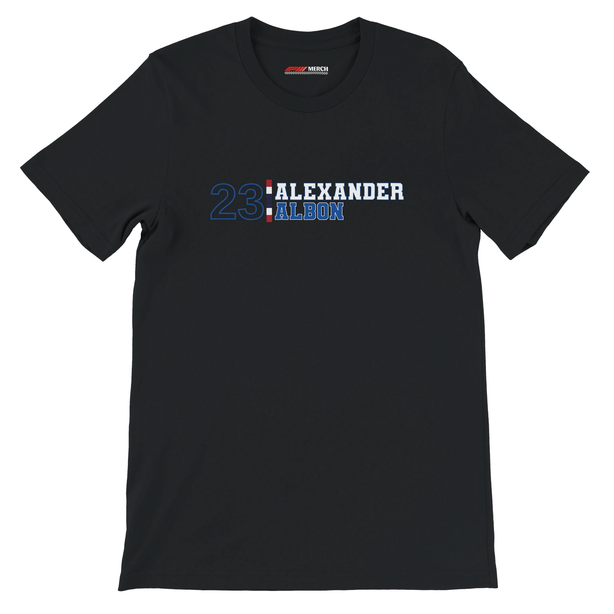 f111 merch black color t-shirt with alex-albon branding.