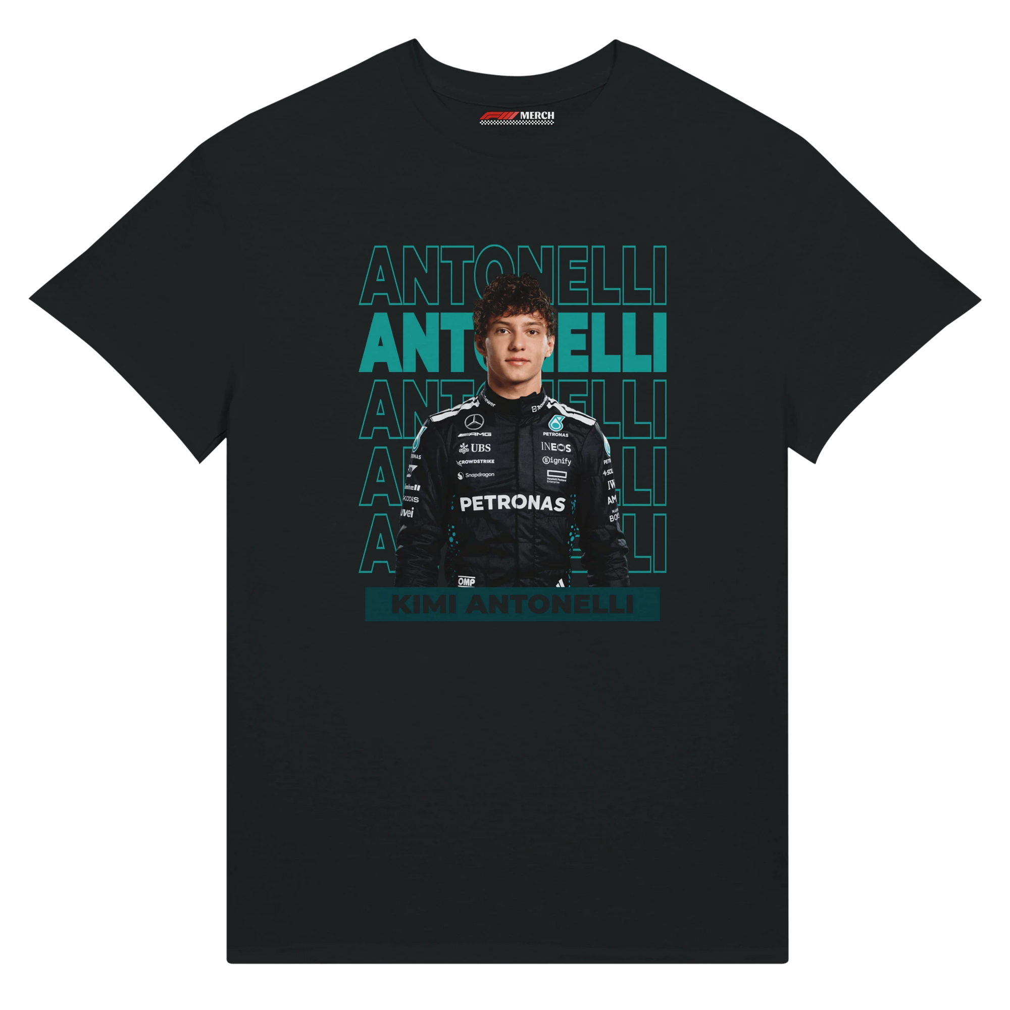 f111 merch black color t-shirt with antonelli branding.