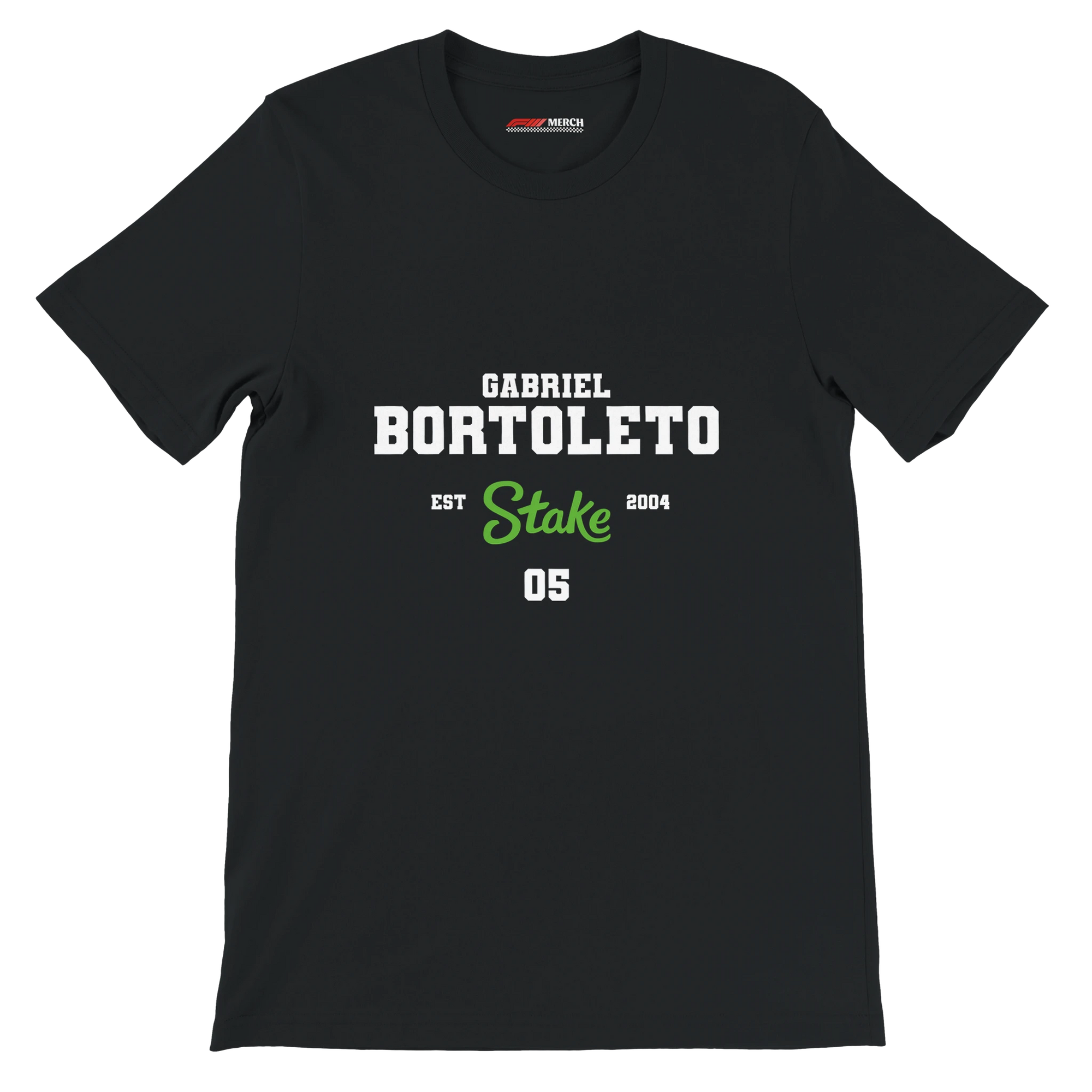 f111 merch black color t-shirt with bortoleto branding.