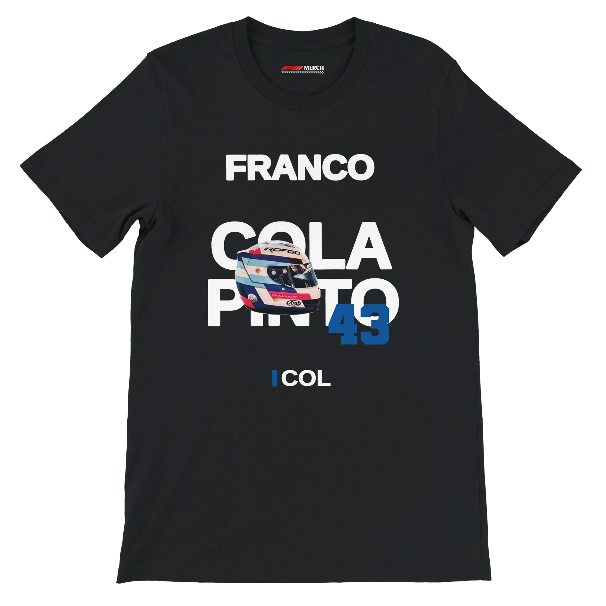 f111 merch black color t-shirt with colapinto branding.