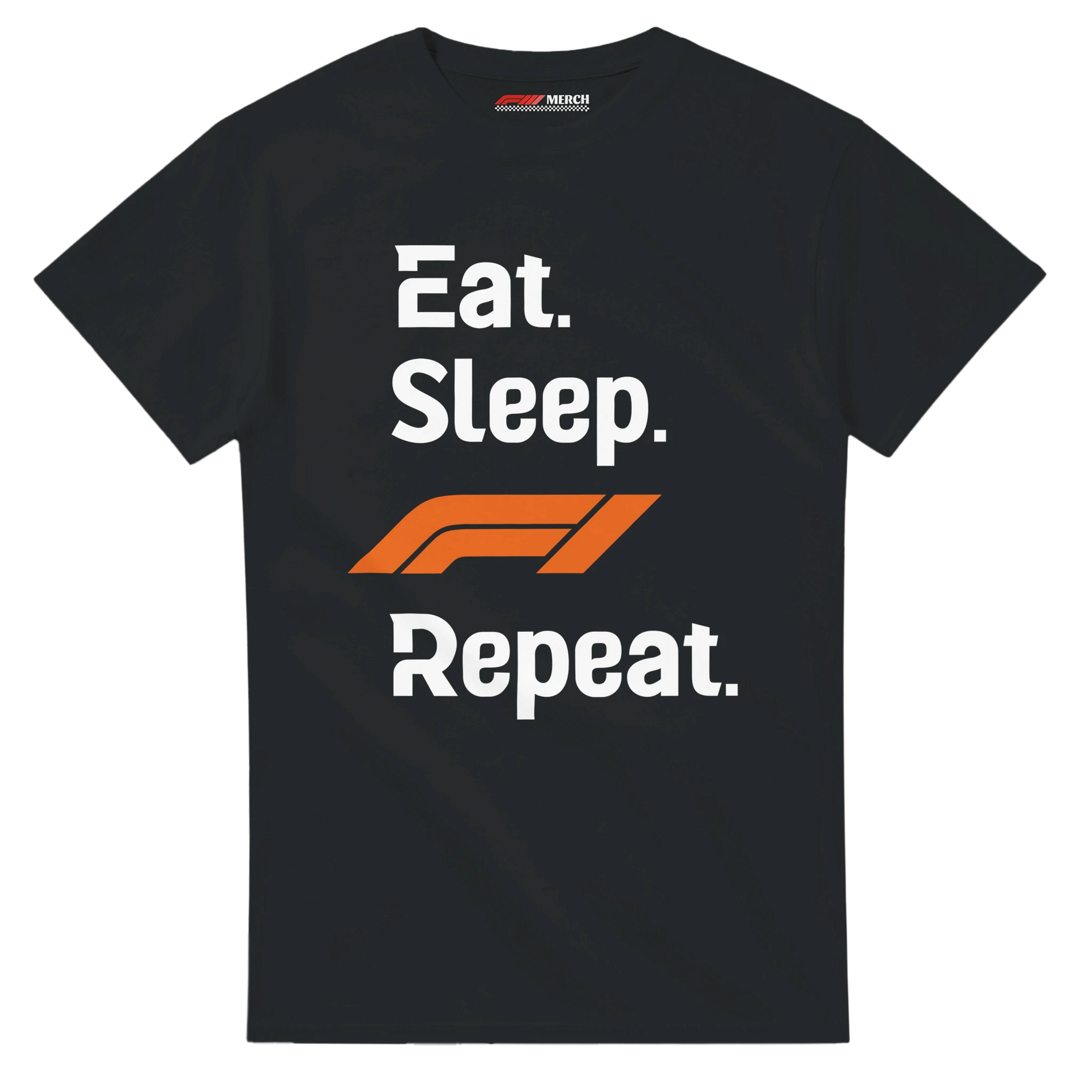 f111 merch black color t-shirt with eat-sleep-f1-repeat-orange branding.