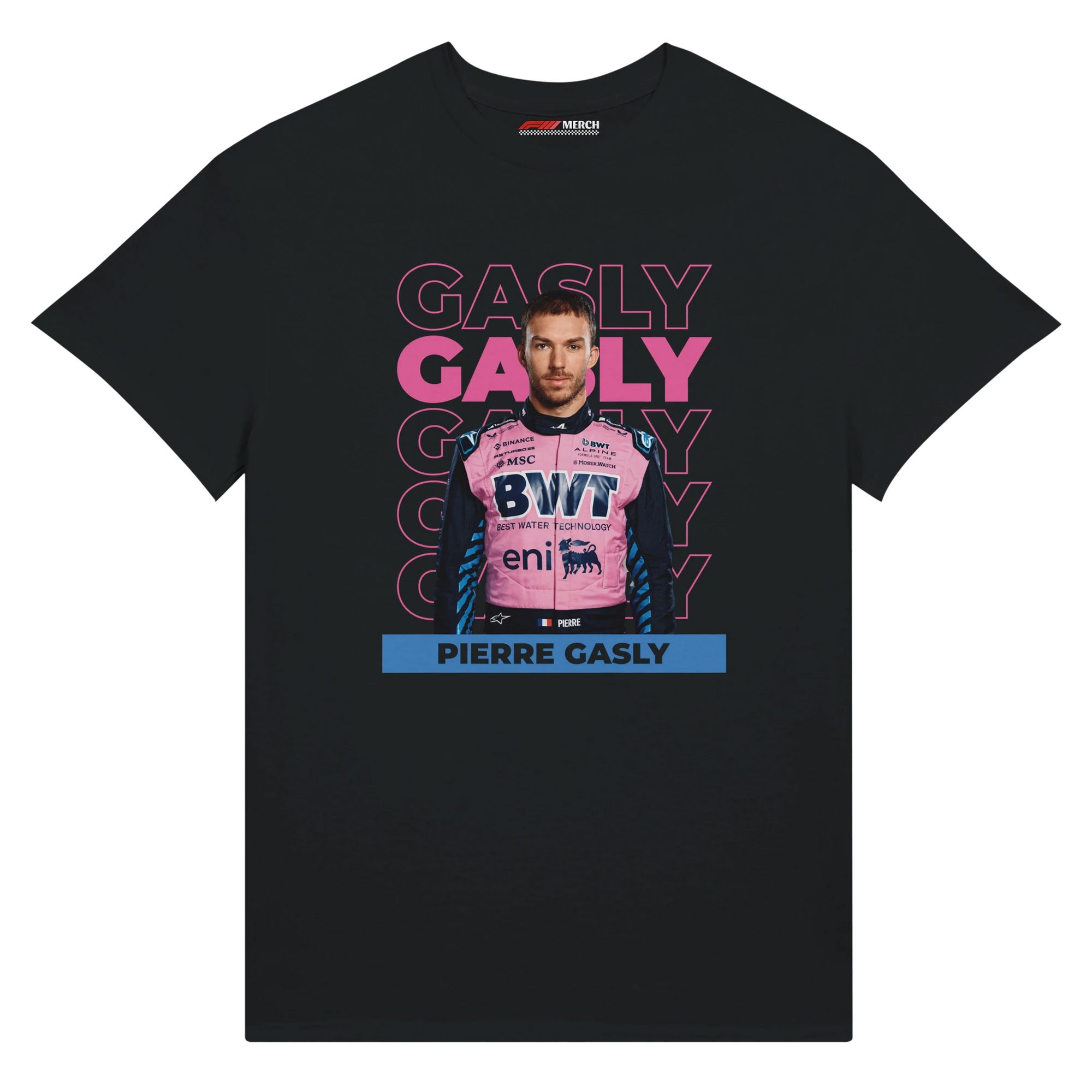 f111 merch black color t-shirt with gasly branding.