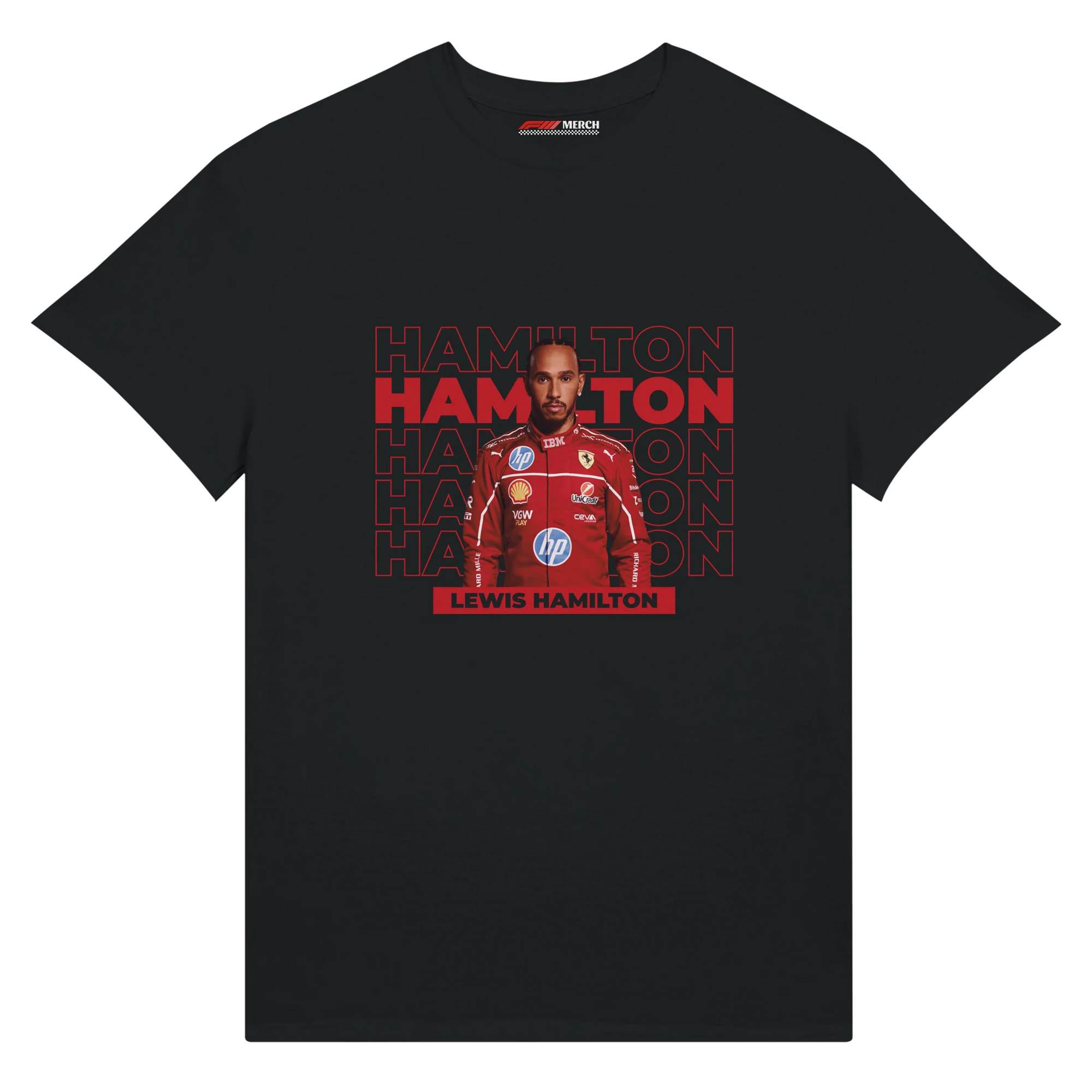 f111 merch black color t-shirt with hamilton branding.