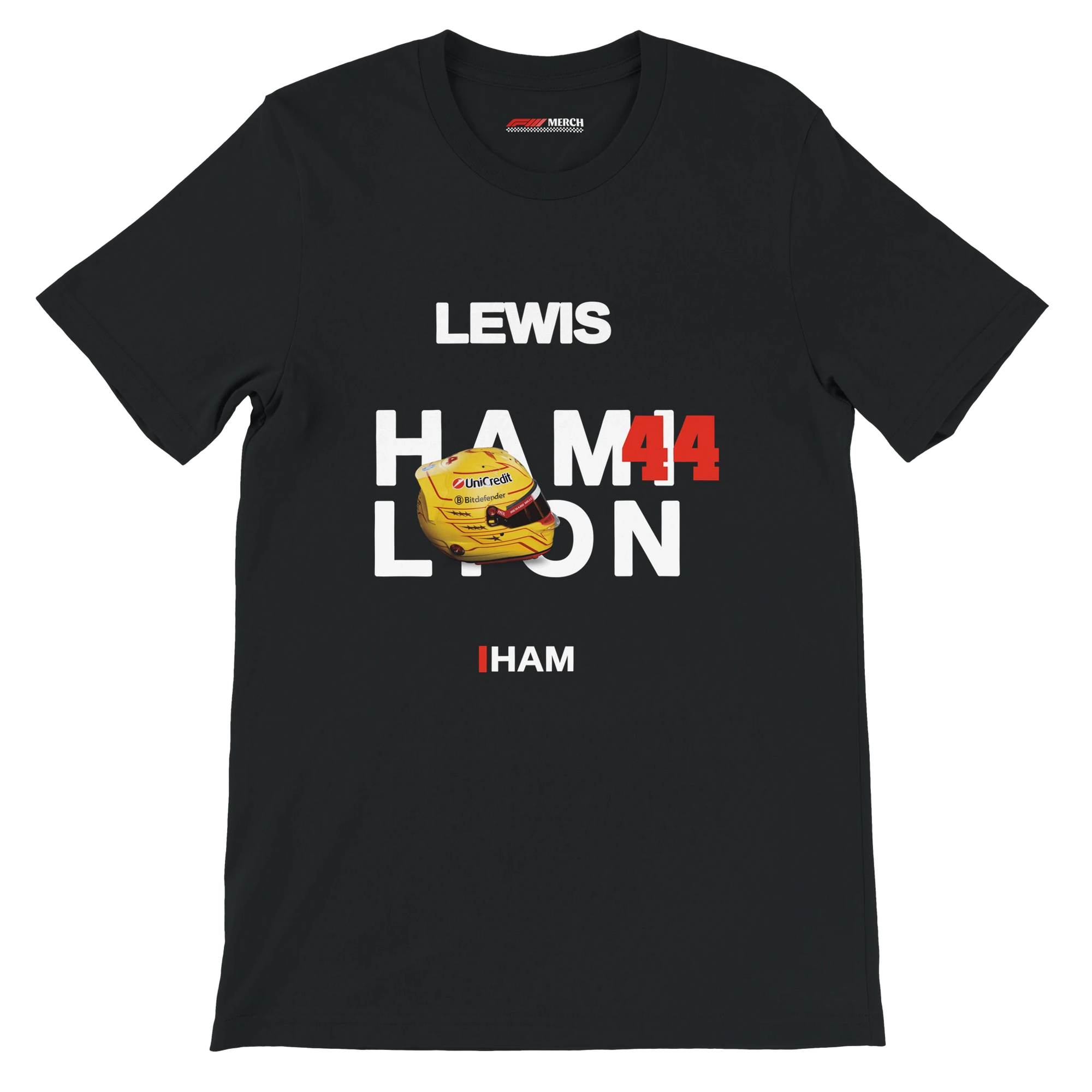 f111 merch black color t-shirt with hamilton branding.