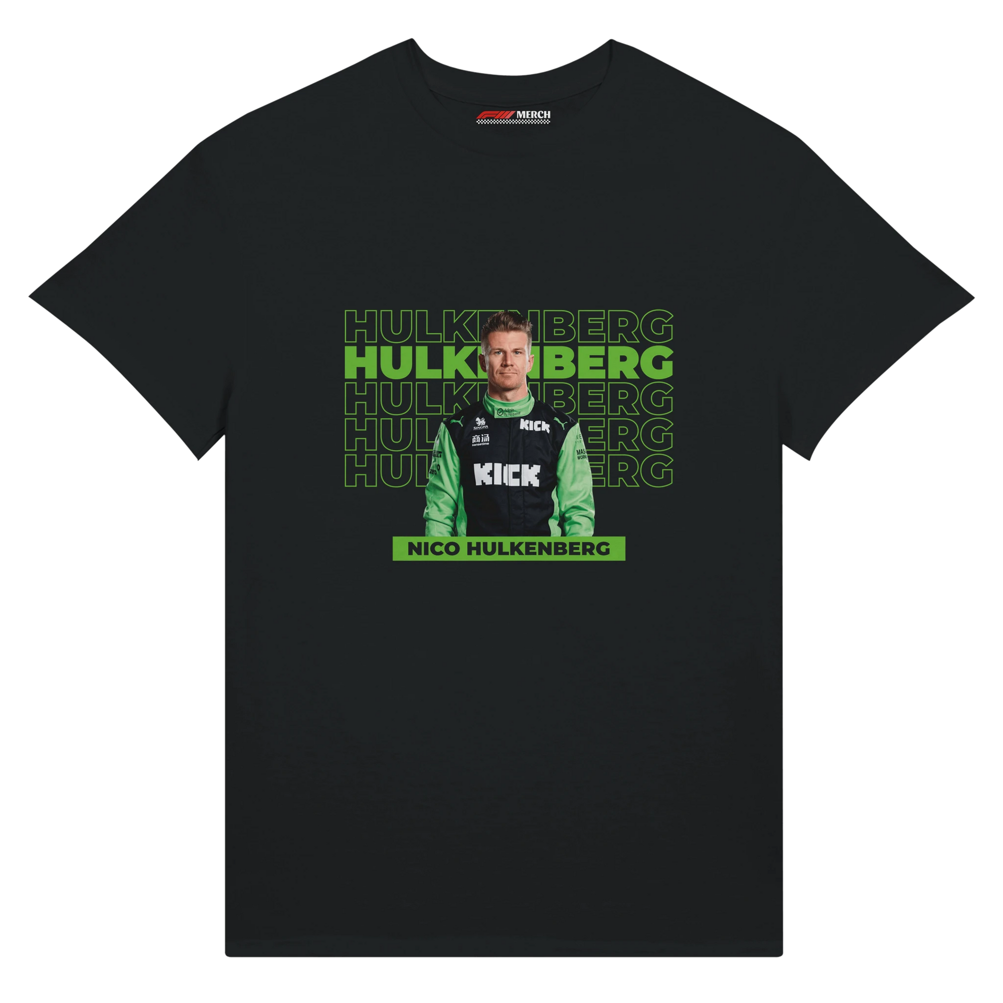 f111 merch black color t-shirt with hulkenberg branding.