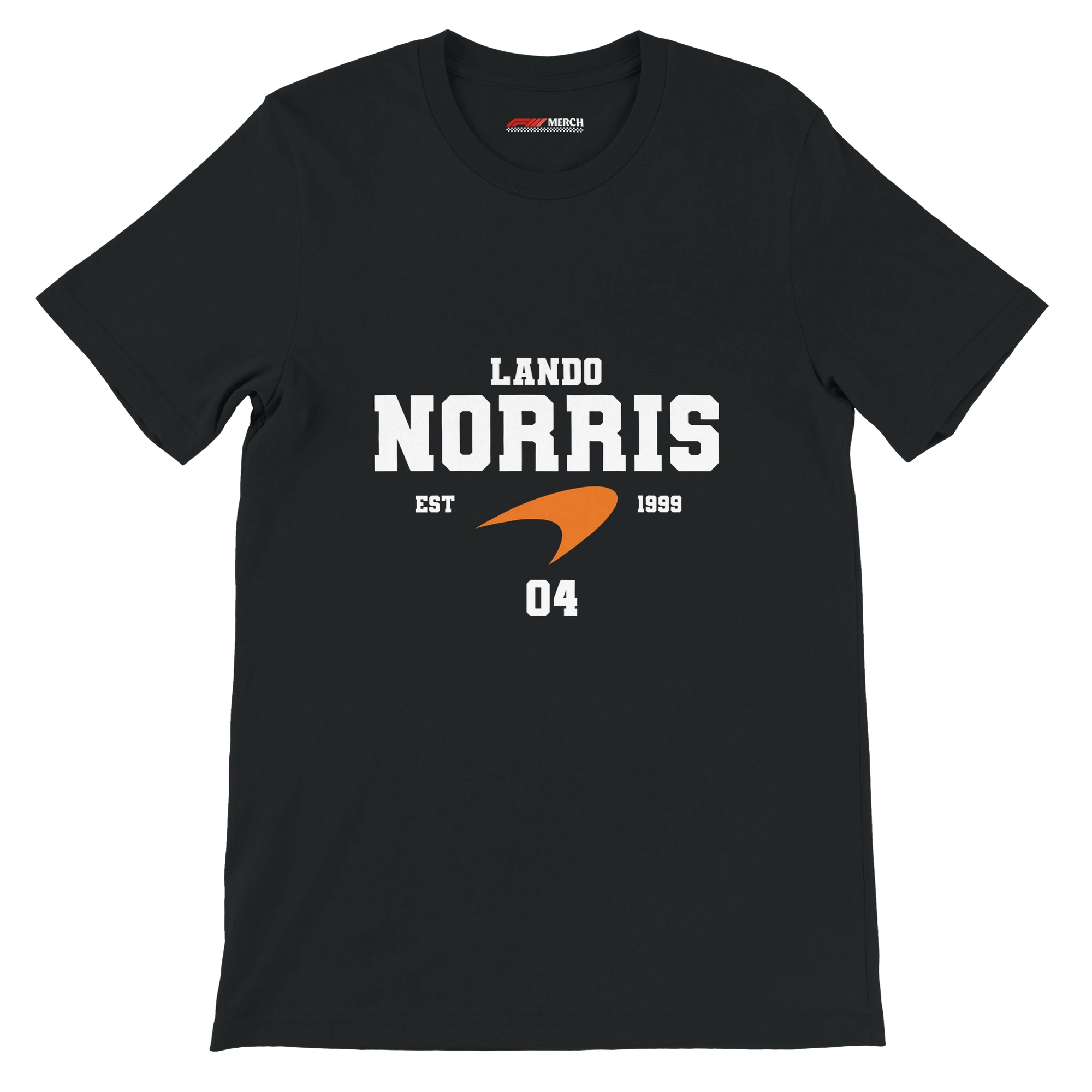 f111 merch black color t-shirt with lando-norris branding.