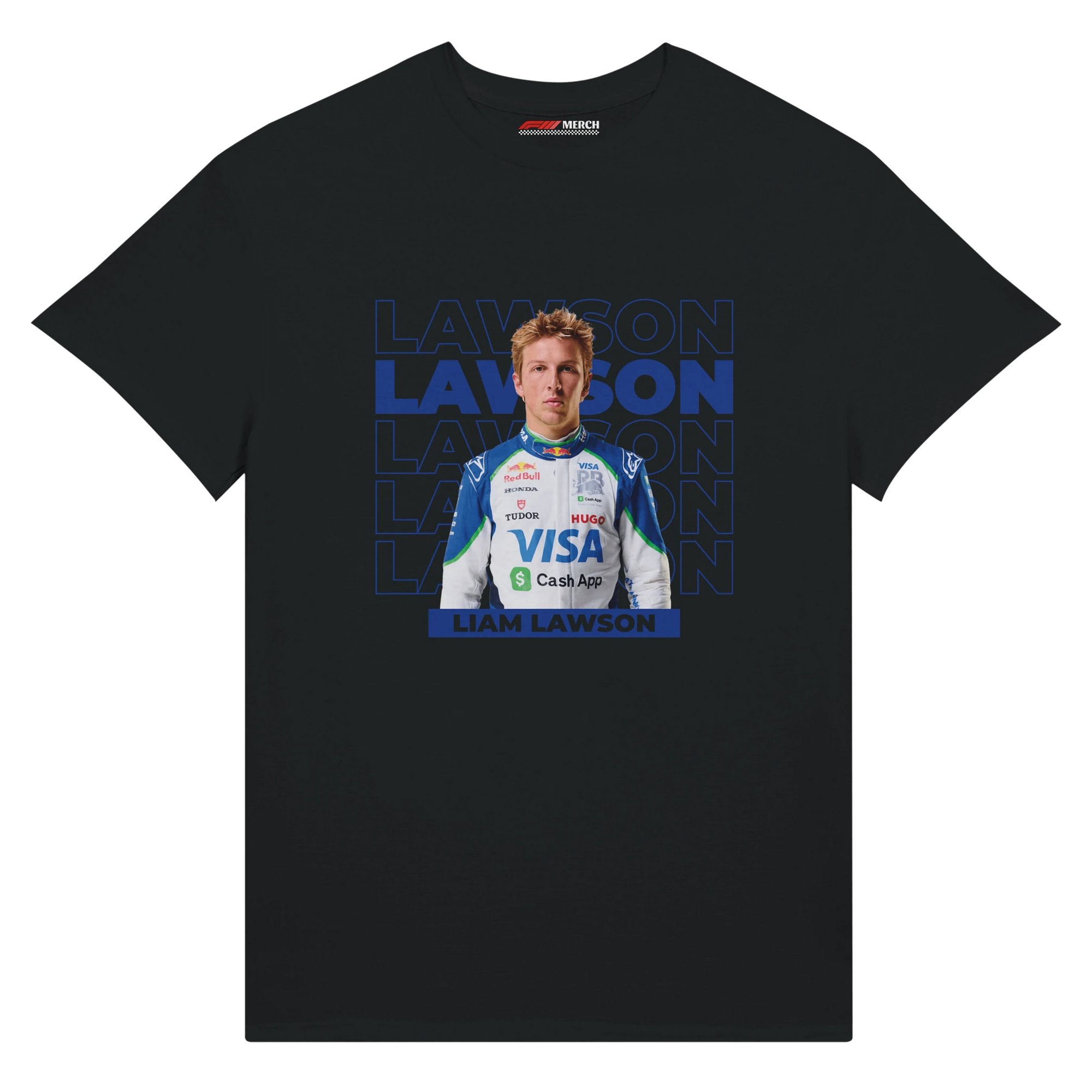 f111 merch black color t-shirt with lawson branding.