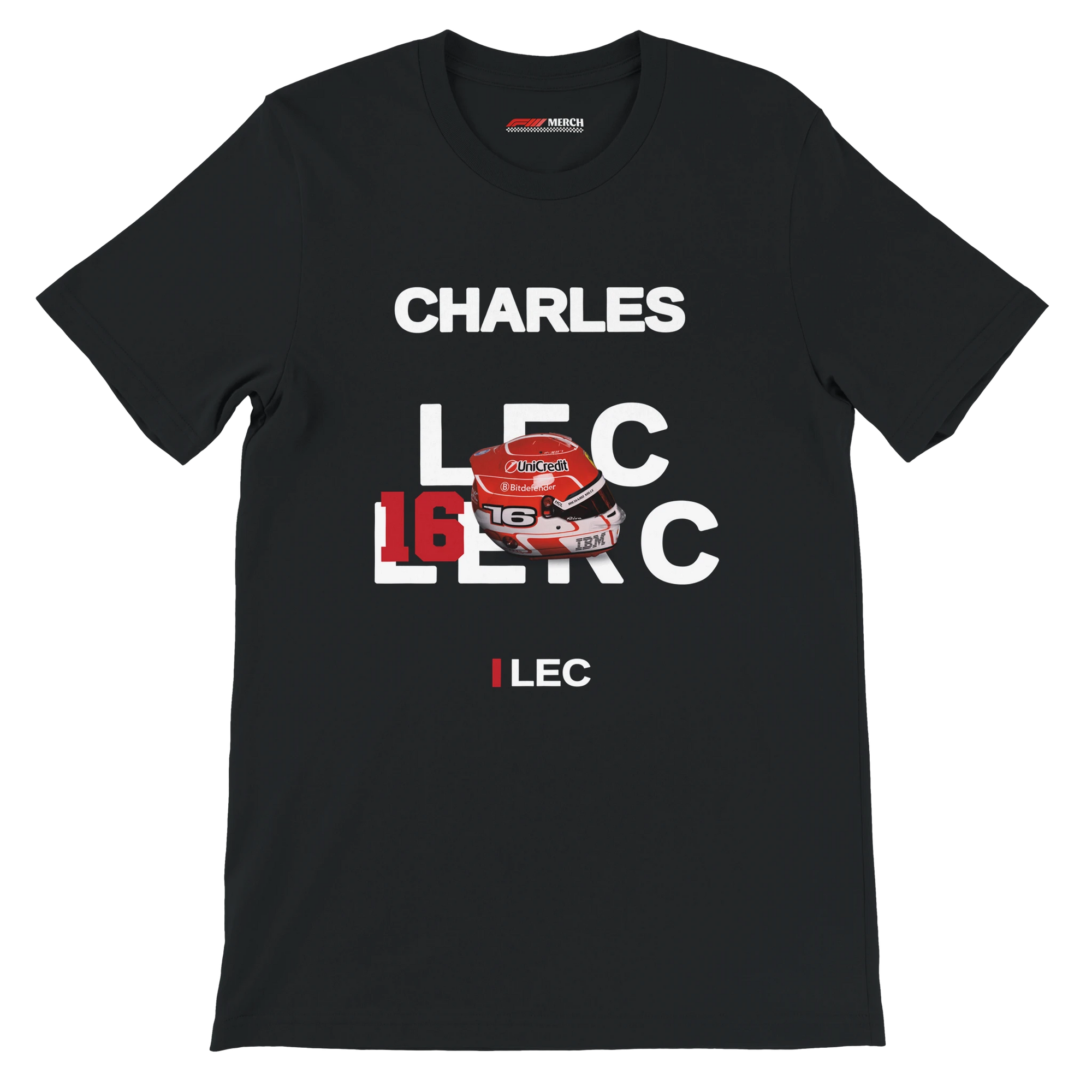f111 merch black color t-shirt with leclerc branding.