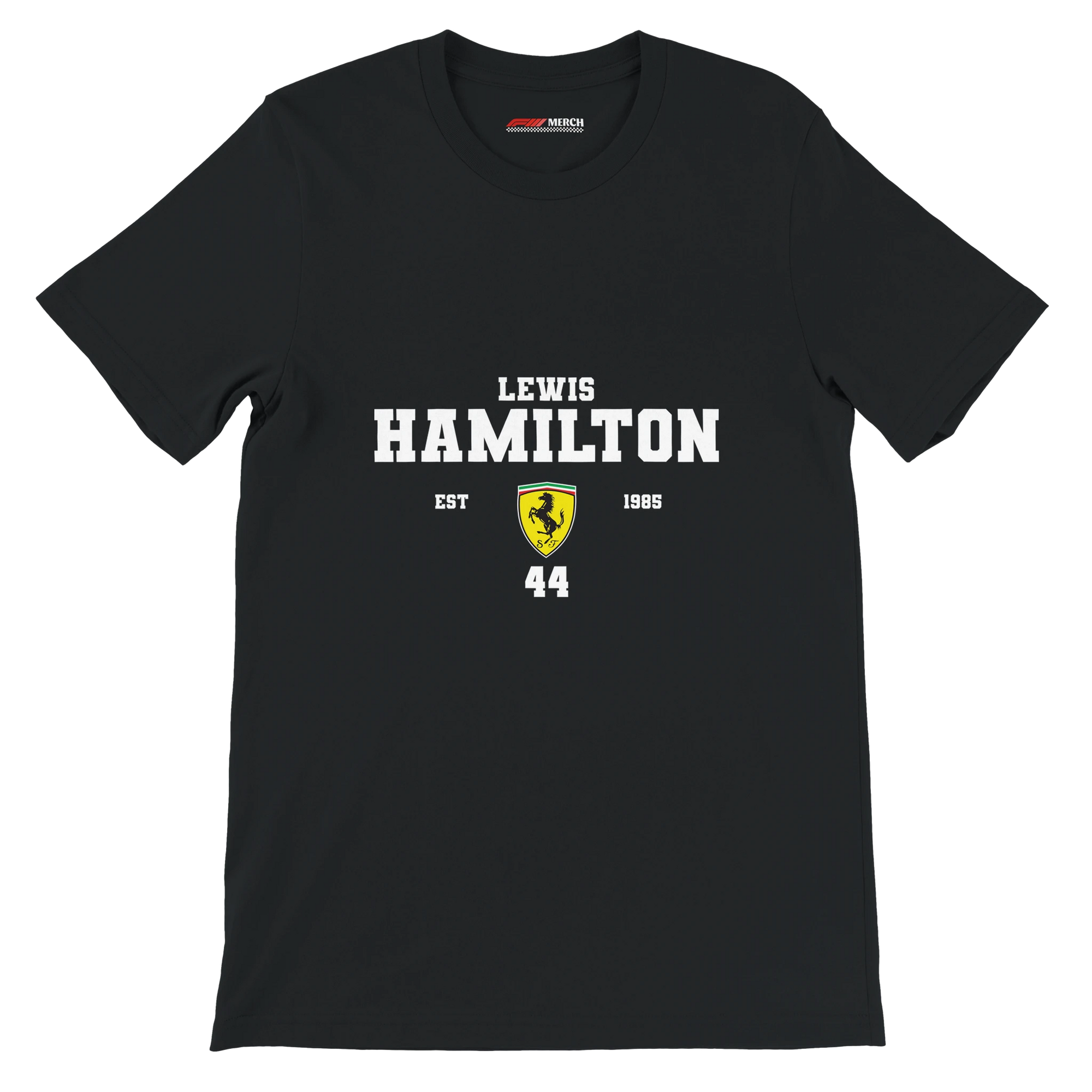 f111 merch black color t-shirt with lewis-hamilton branding.