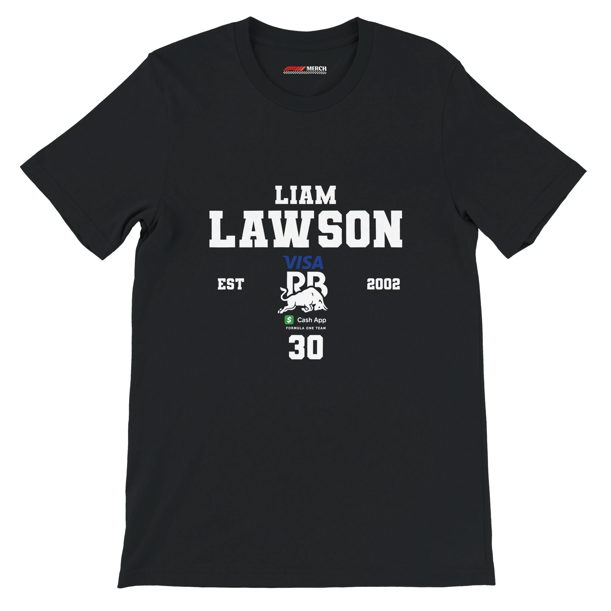 f111 merch black color t-shirt with liam-lawson branding.