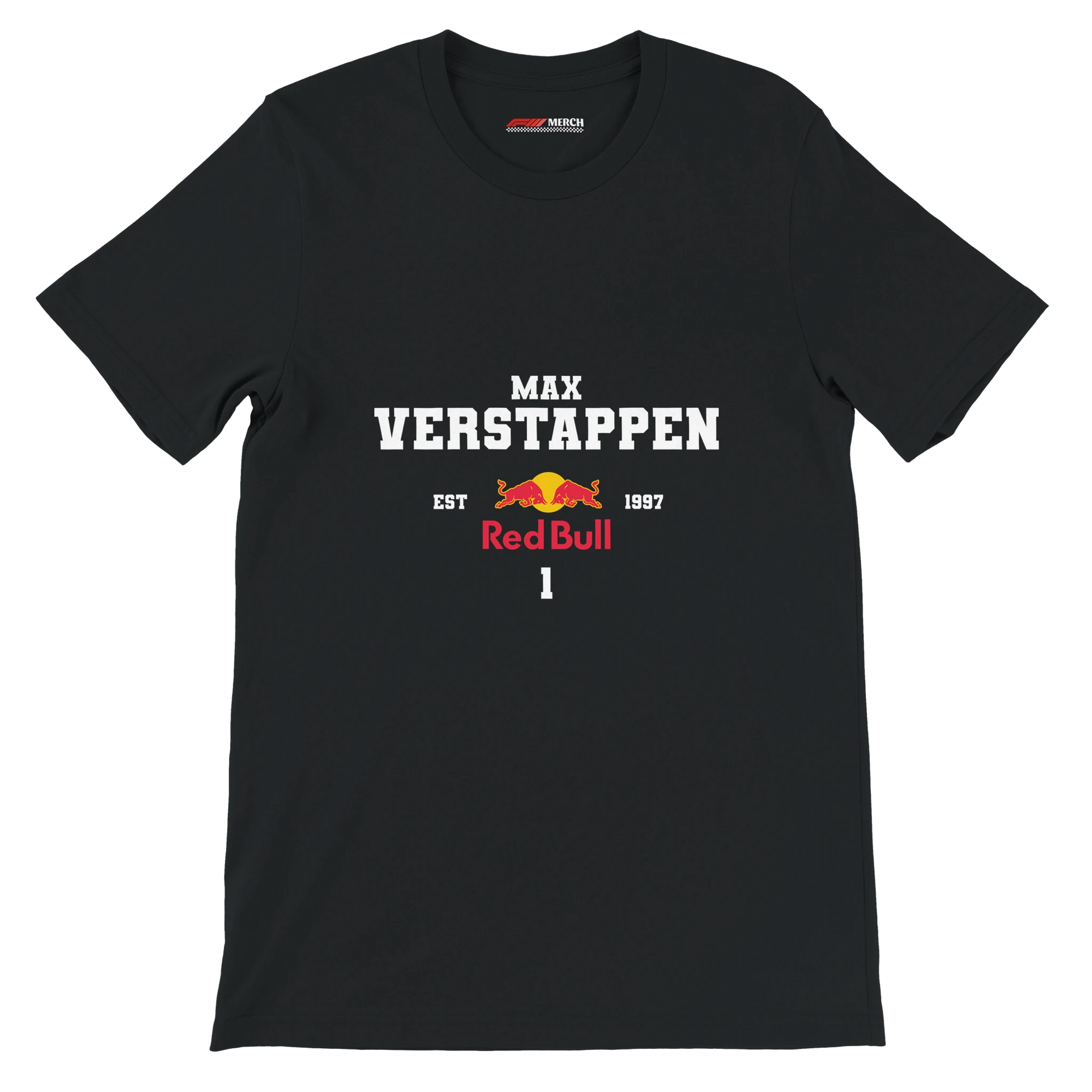 f111 merch black color t-shirt with max-verstappen branding.