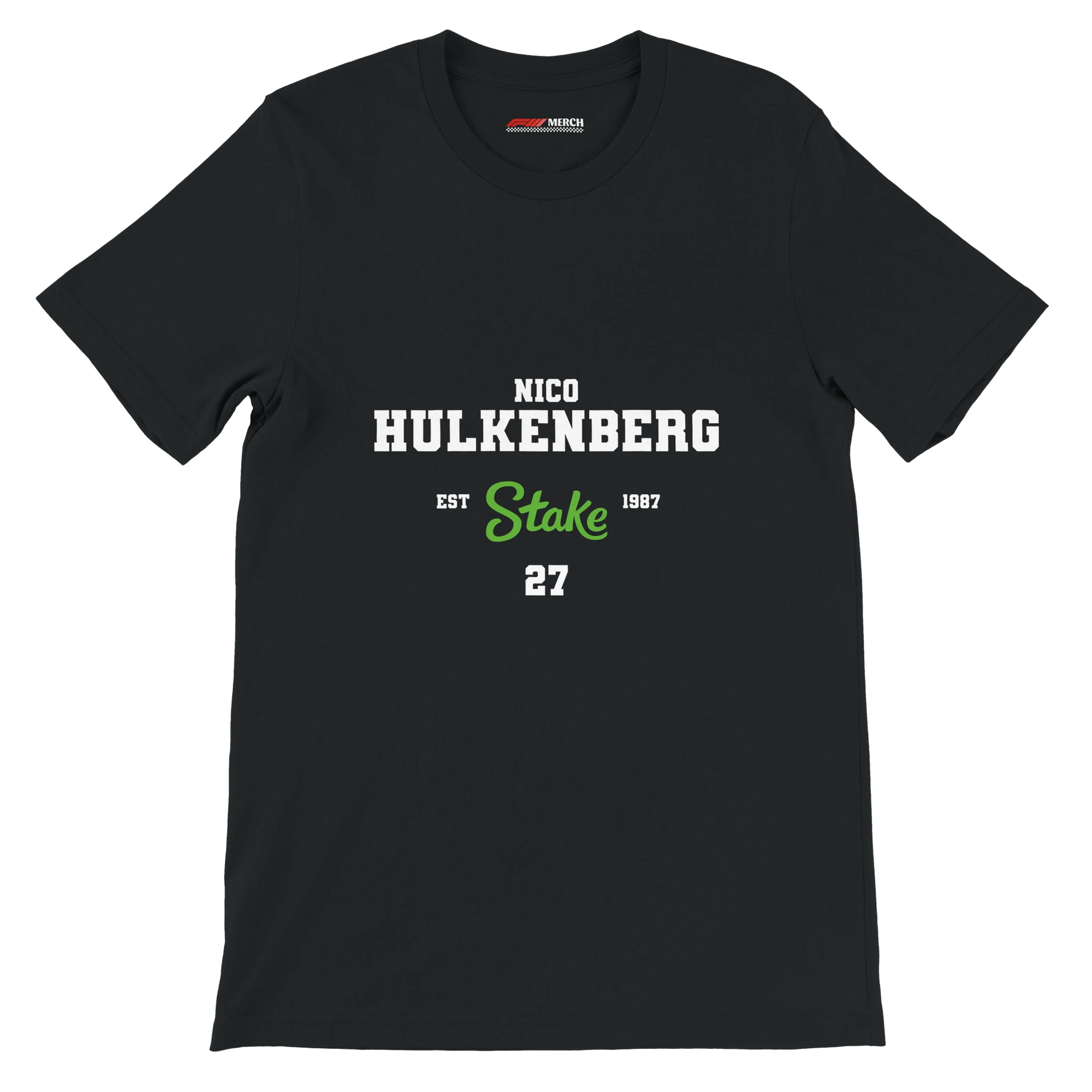 f111 merch black color t-shirt with nico-hulkenberg branding.