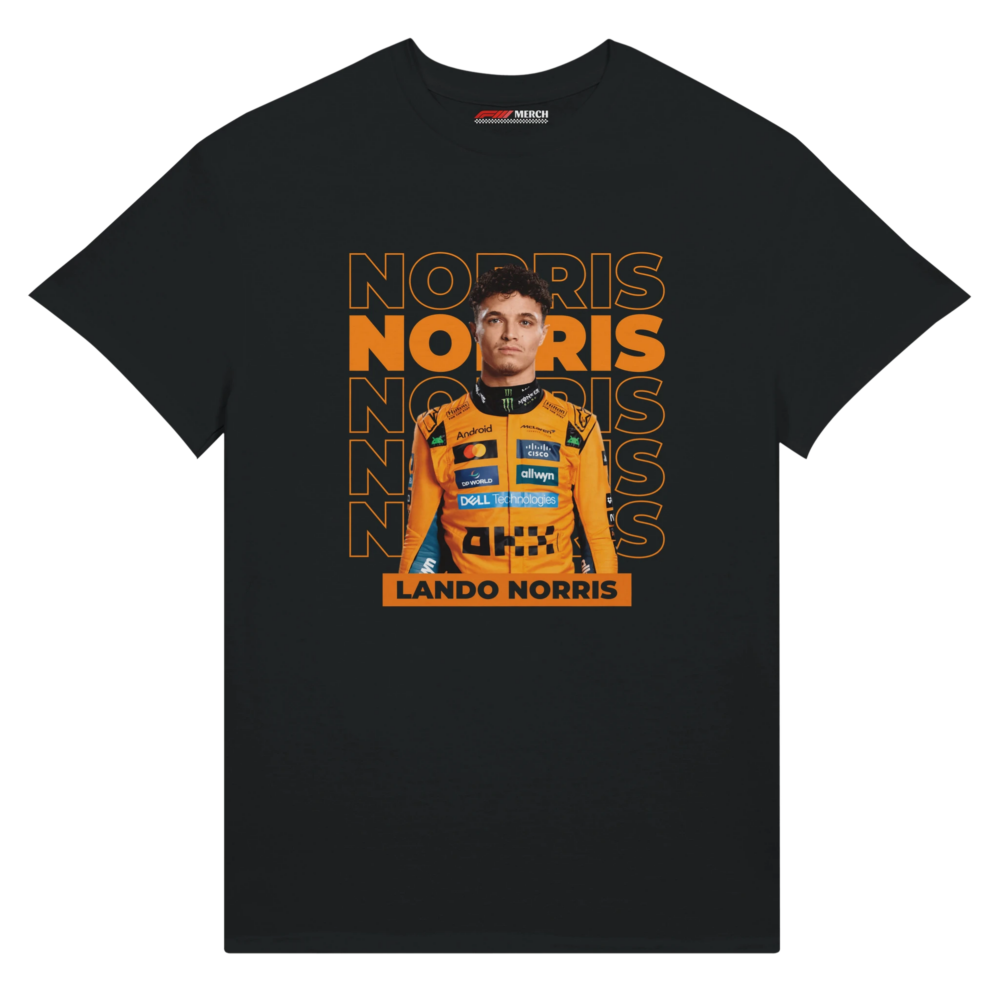 f111 merch black color t-shirt with norris branding.