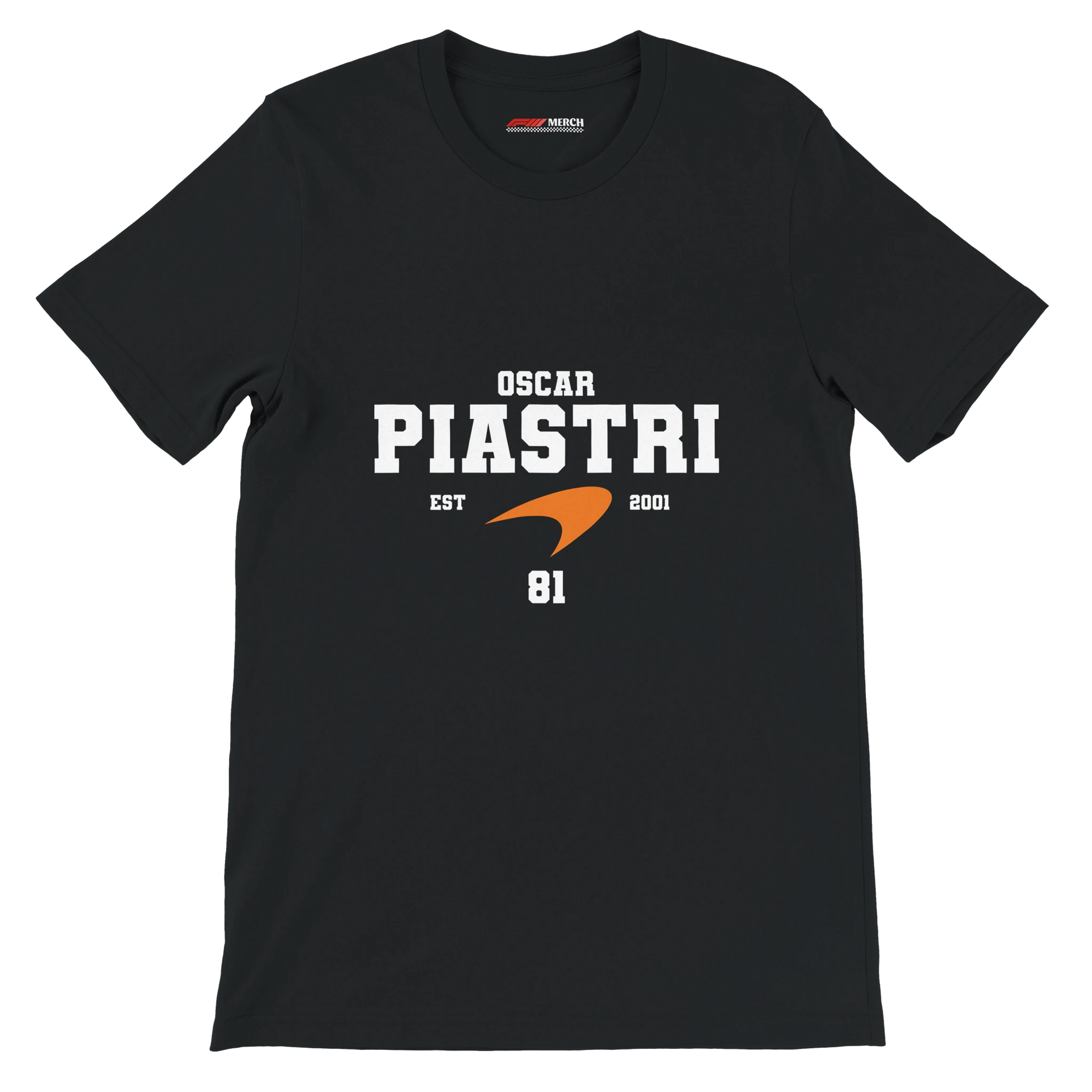 f111 merch black color t-shirt with oscar-piastri branding.