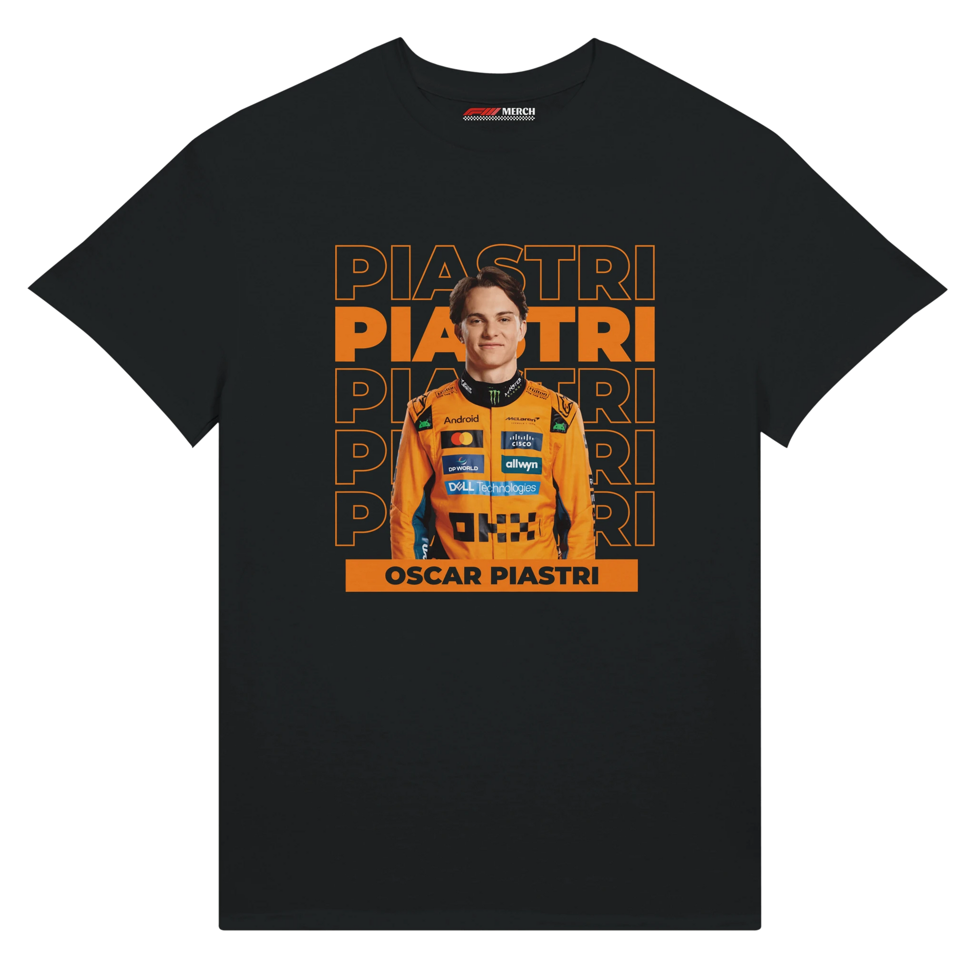 f111 merch black color t-shirt with piastri branding.