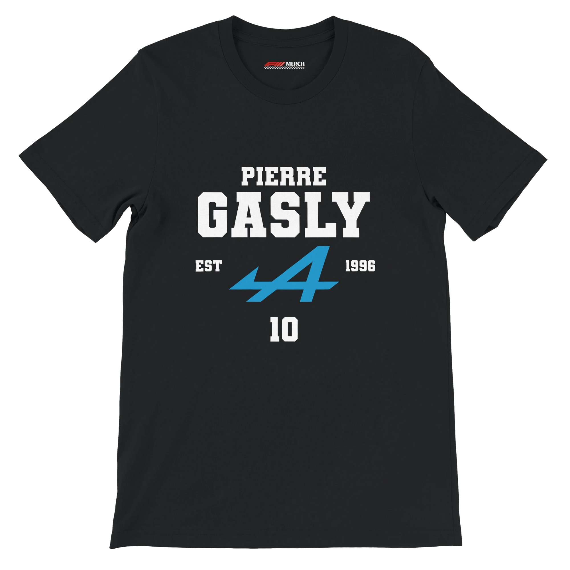 f111 merch black color t-shirt with pierre-gasly branding.