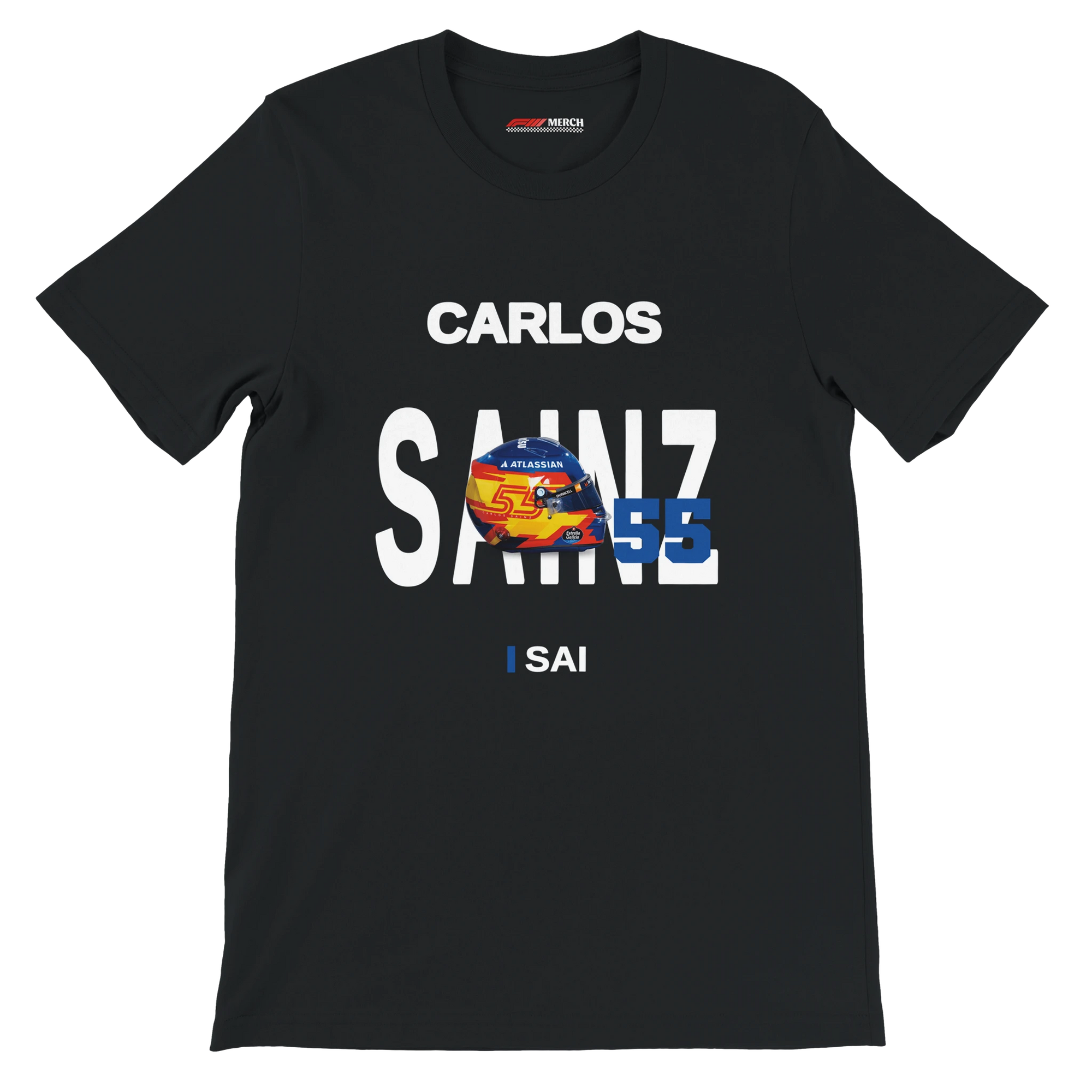 f111 merch black color t-shirt with sainz branding.